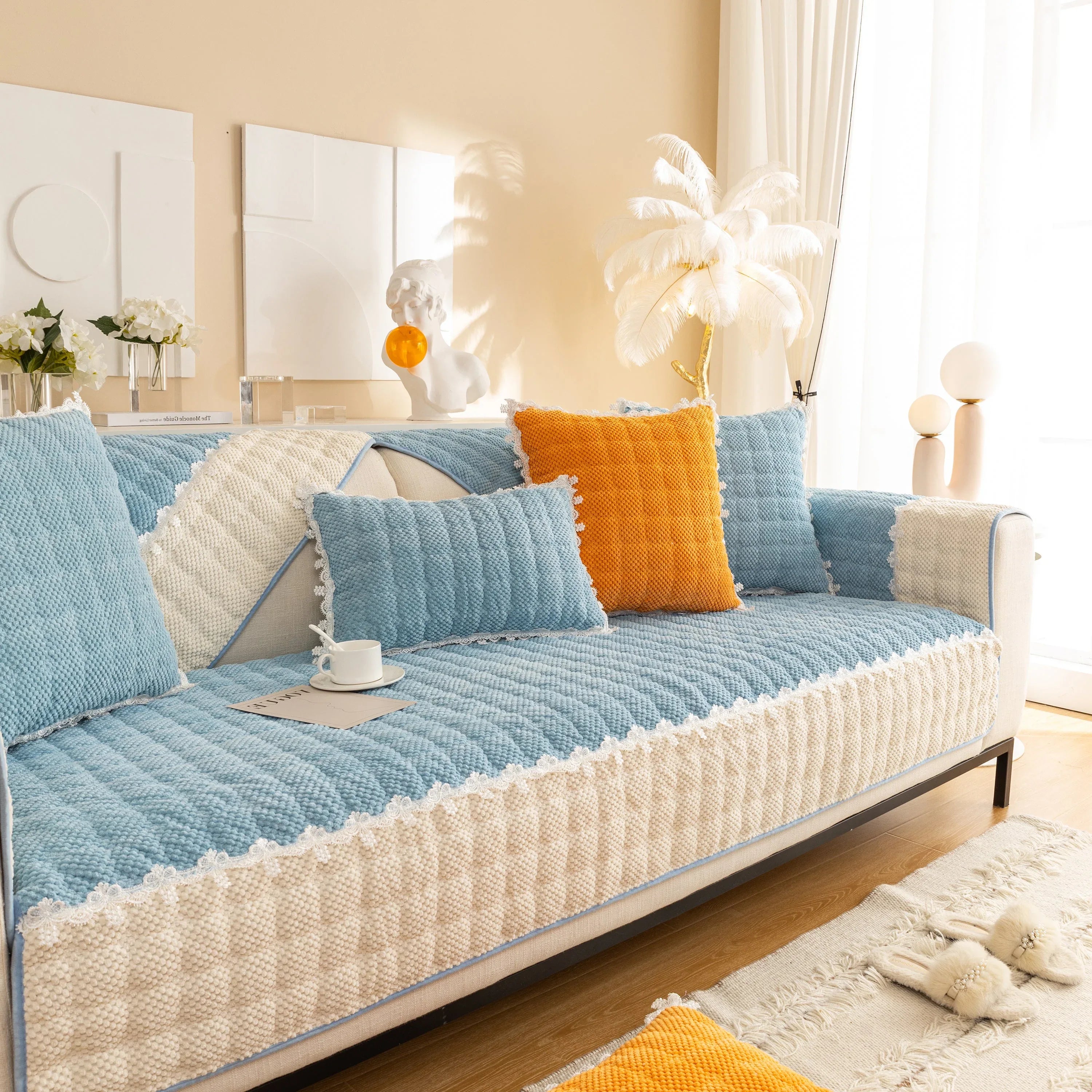 Non-Slip Sectional Couch Cover with Lace, Furniture Protector for Dogs, Pets, and Kids III - TaroTextile