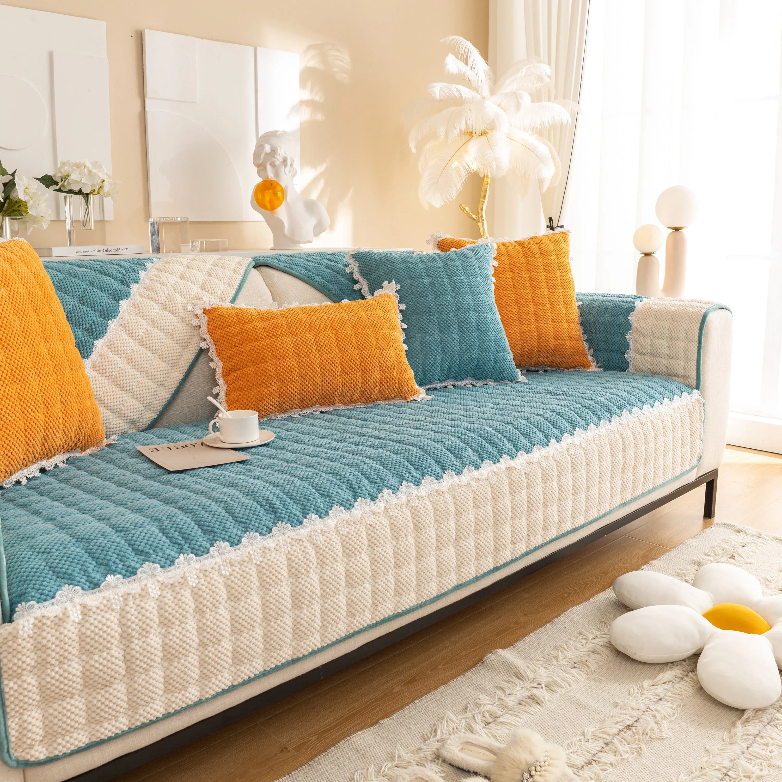 Non-Slip Sectional Couch Cover with Lace, Furniture Protector for Dogs, Pets, and Kids III - TaroTextile