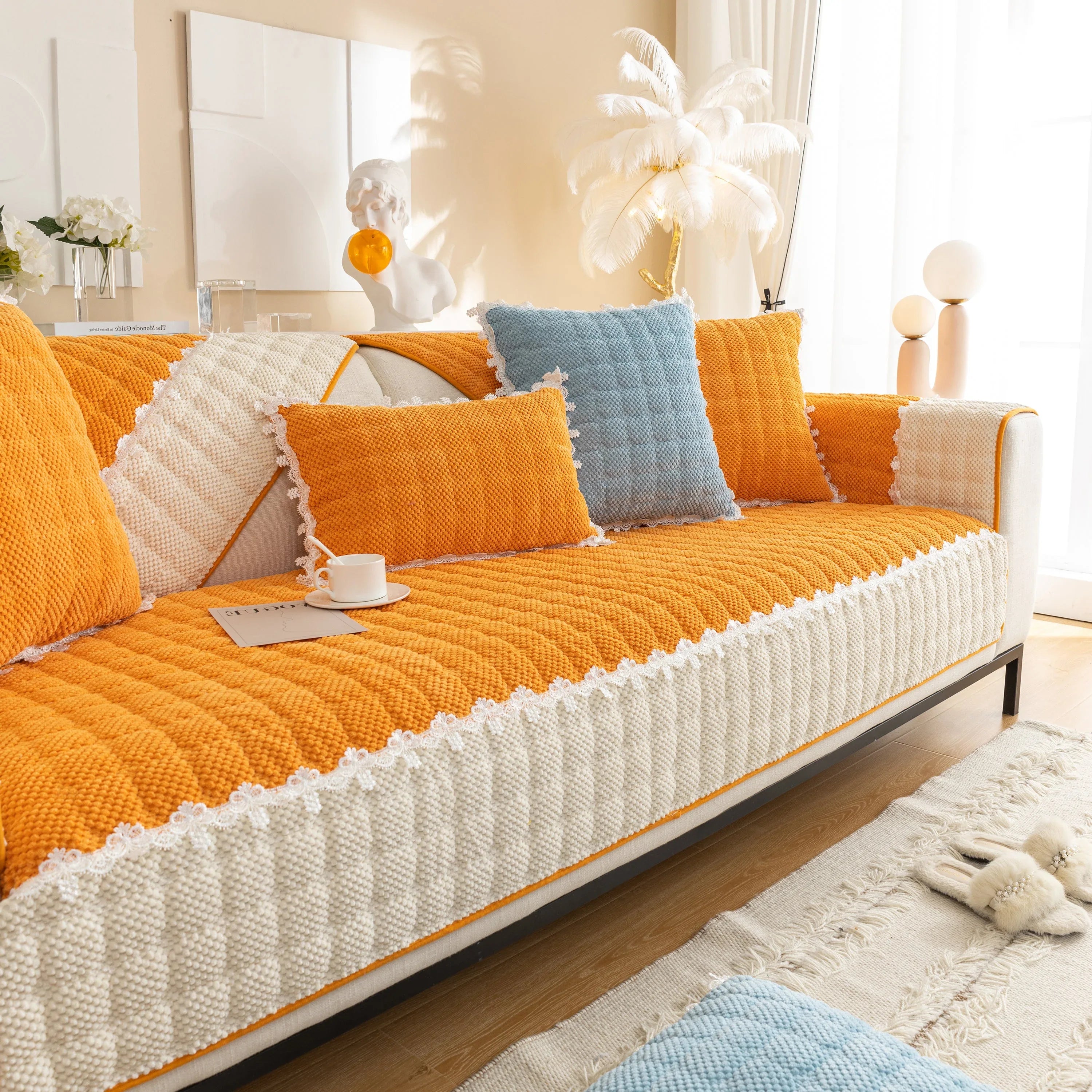 Non-Slip Sectional Couch Cover with Lace, Furniture Protector for Dogs, Pets, and Kids III - TaroTextile