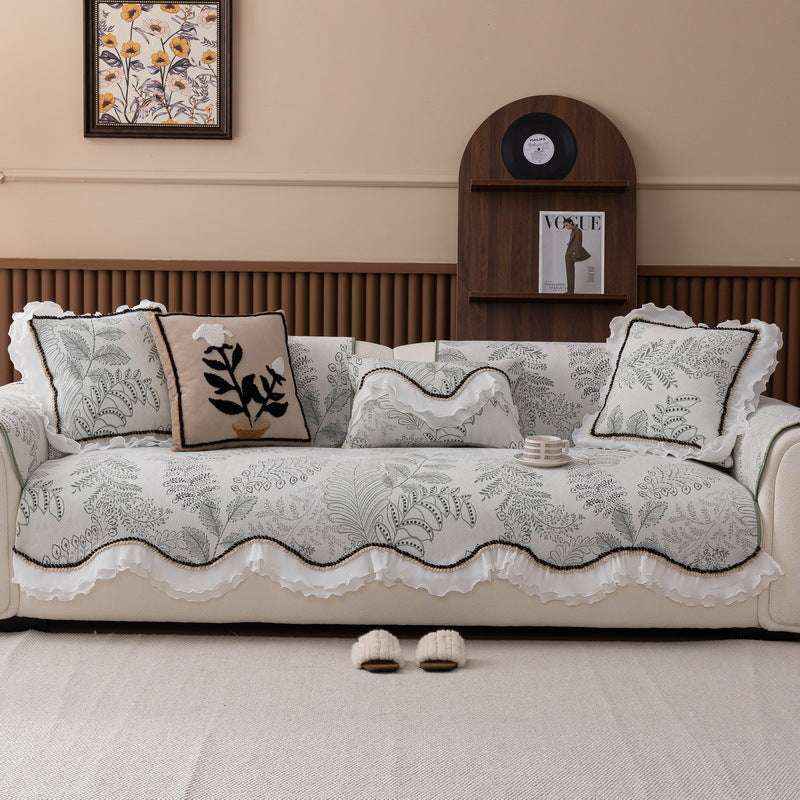 Durable Chenille Couch Cover with Scalloped Edge Non-Slip Modular Slipcover