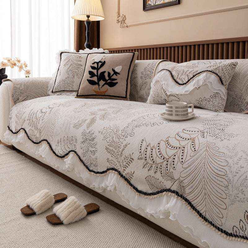 Durable Chenille Couch Cover with Scalloped Edge Non-Slip Modular Slipcover