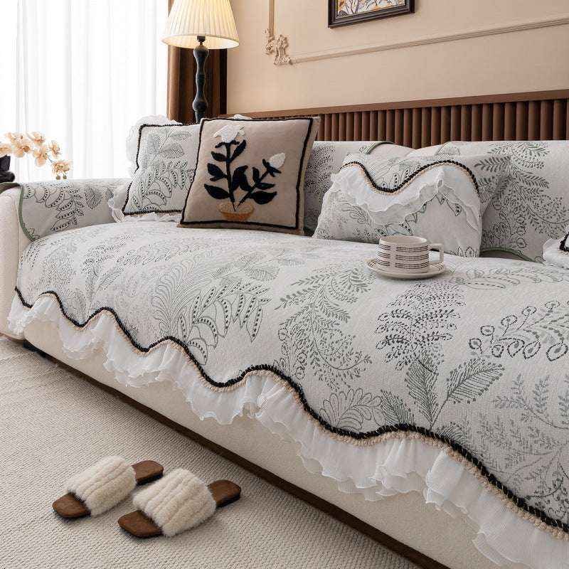 Durable Chenille Couch Cover with Scalloped Edge Non-Slip Modular Slipcover