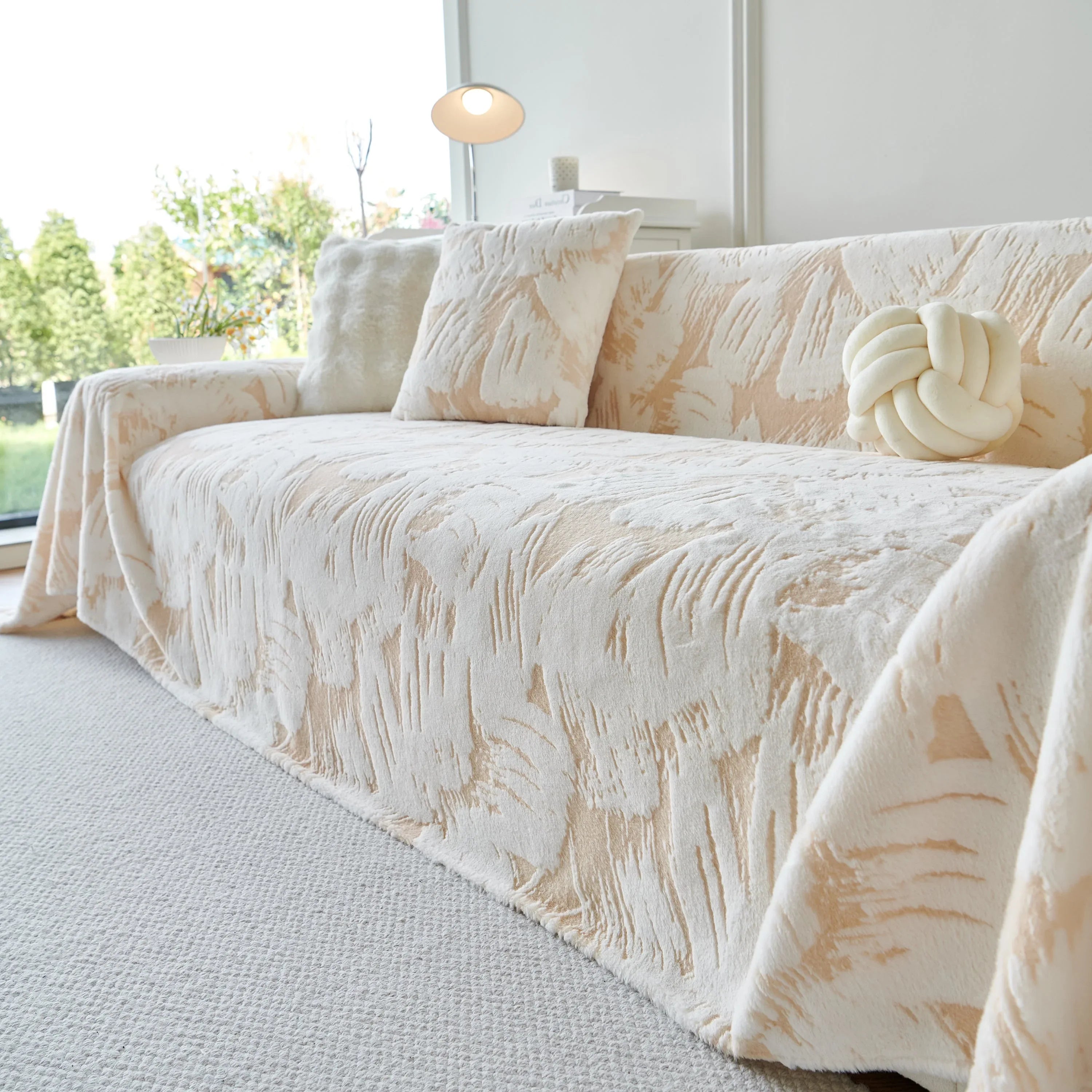 Plush Faux Fur Warm Sofa Cover with Waves Jacquard Textured Throw Blankets for Couch - TaroTextile