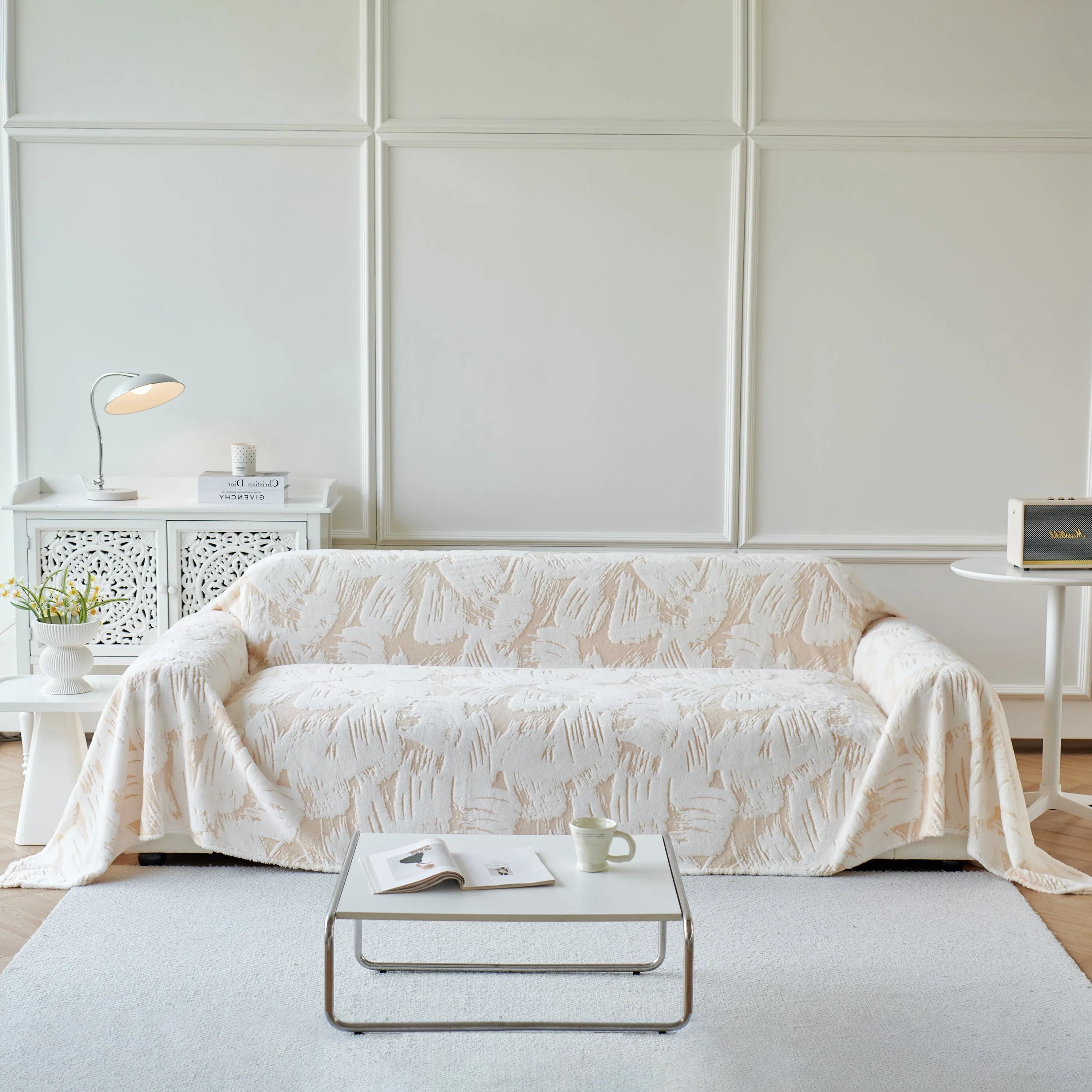 Plush Faux Fur Warm Sofa Cover with Waves Jacquard Textured Throw Blankets for Couch - TaroTextile