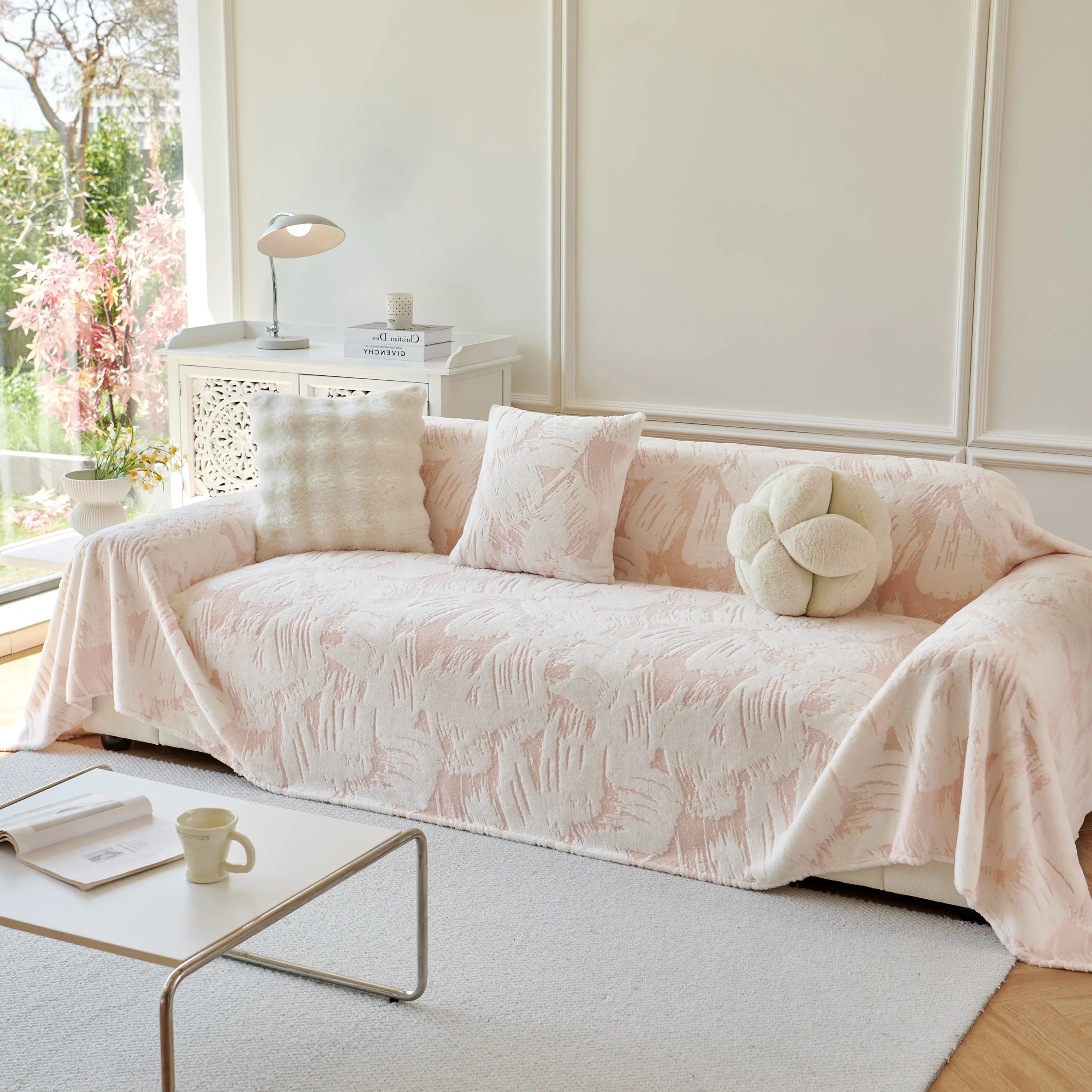 Plush Faux Fur Warm Sofa Cover with Waves Jacquard Textured Throw Blankets for Couch - TaroTextile