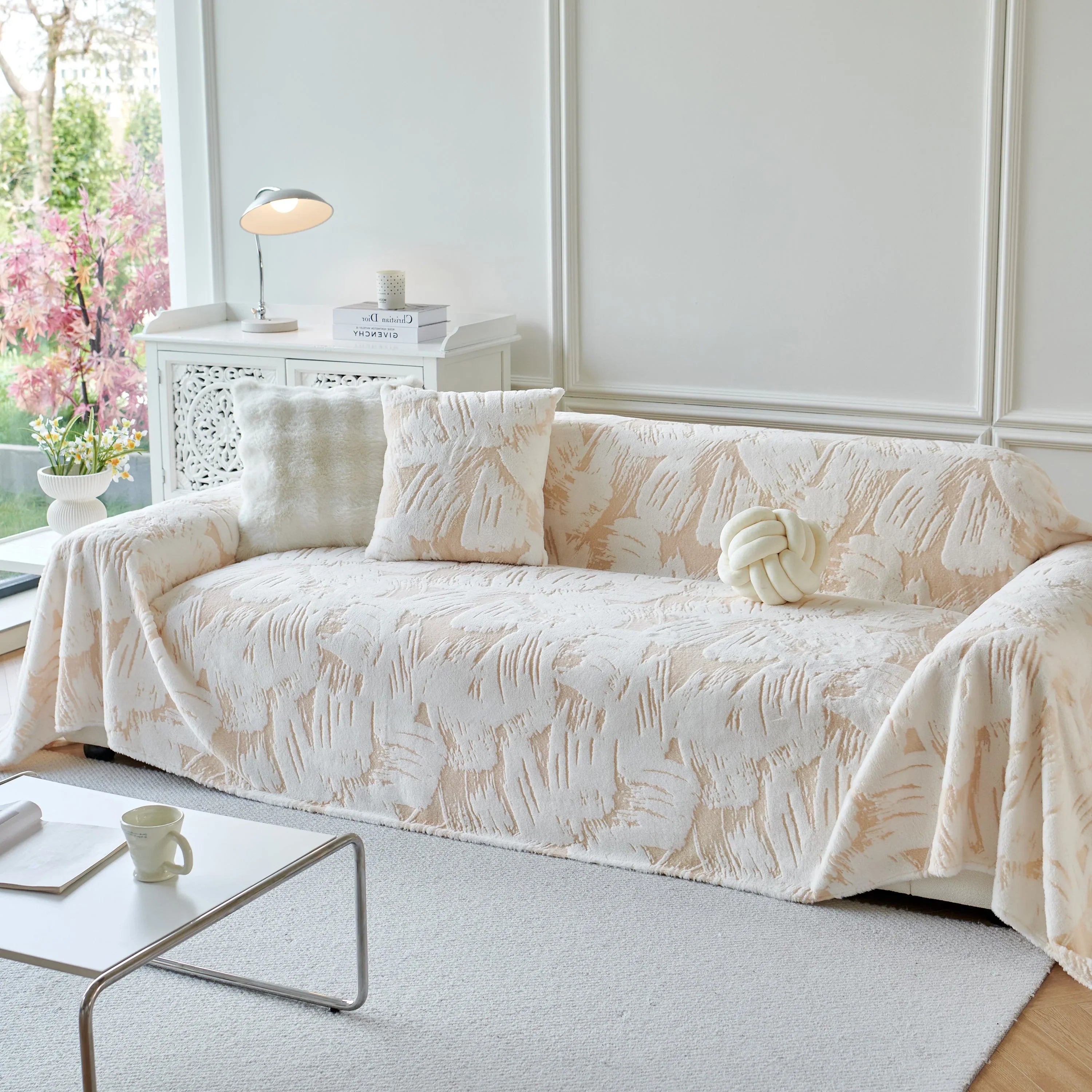 Plush Faux Fur Warm Sofa Cover with Waves Jacquard Textured Throw Blankets for Couch - TaroTextile