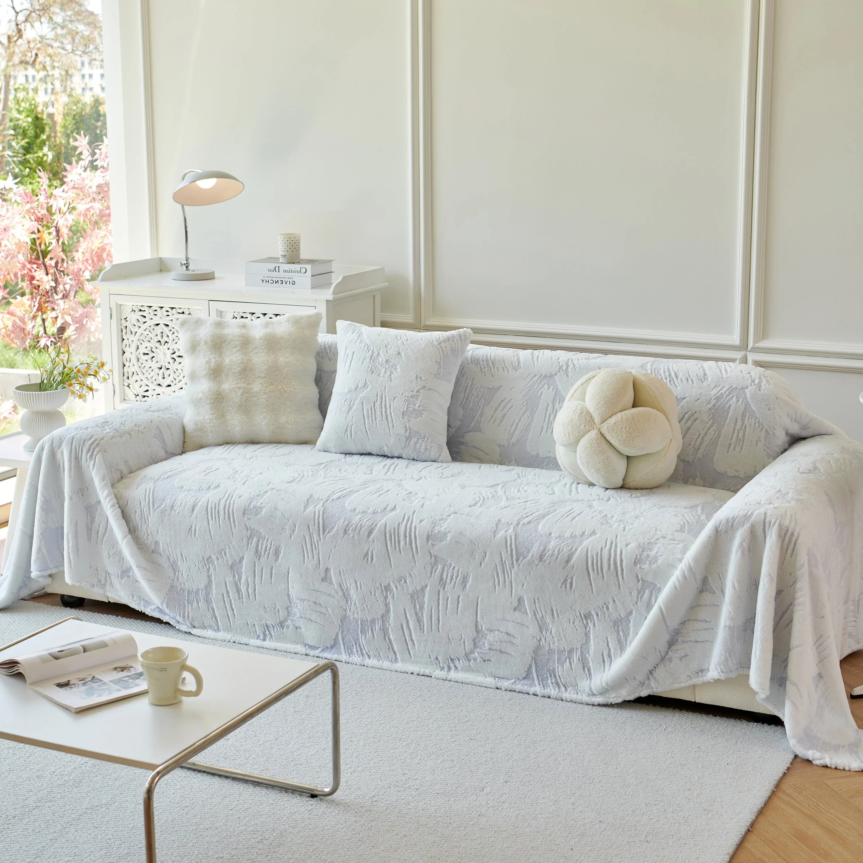 Plush Faux Fur Warm Sofa Cover with Waves Jacquard Textured Throw Blankets for Couch - TaroTextile