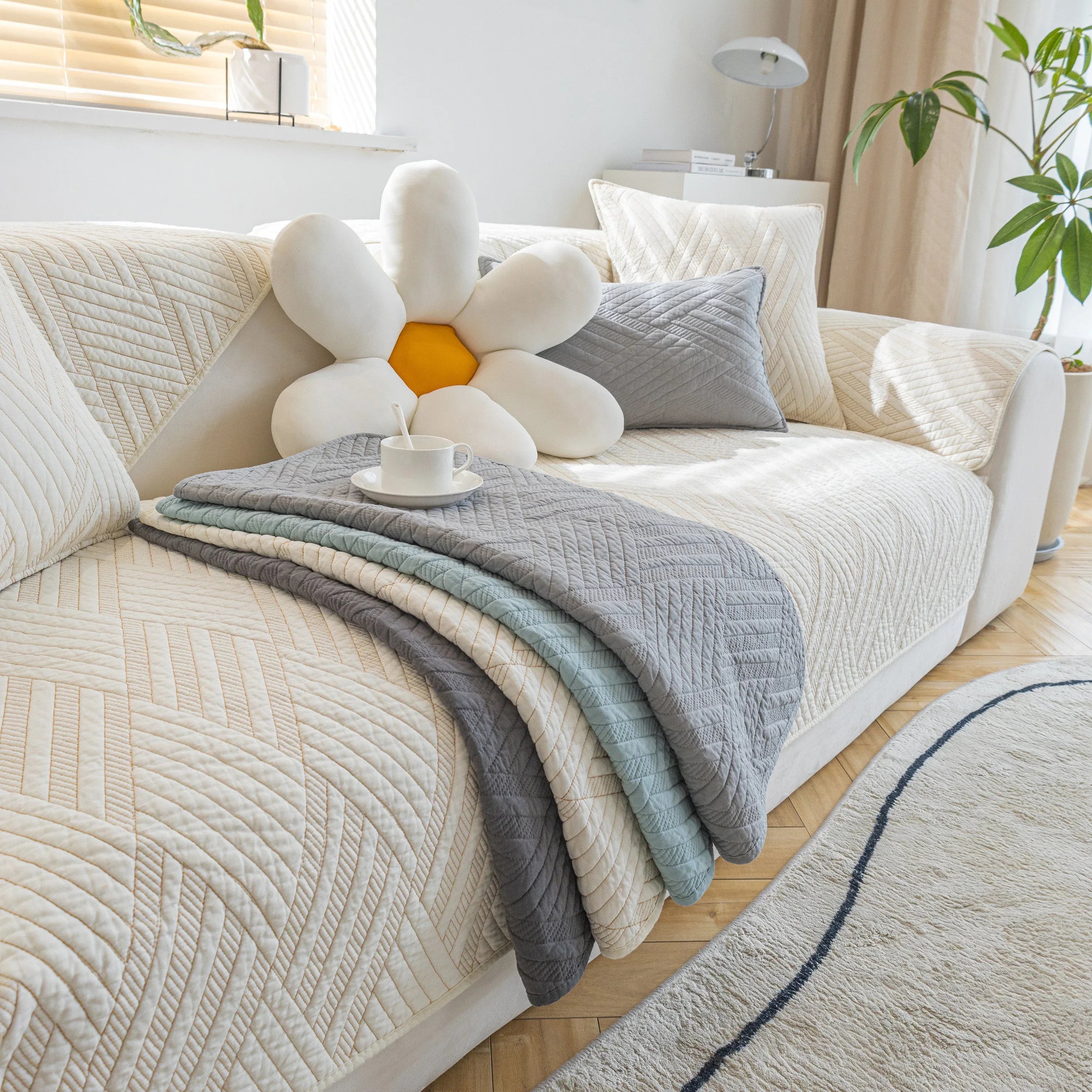 Quilted Geometric Cotton Sofa Cover, Non-Slip & Thick Padded Furniture Covers - TaroTextile