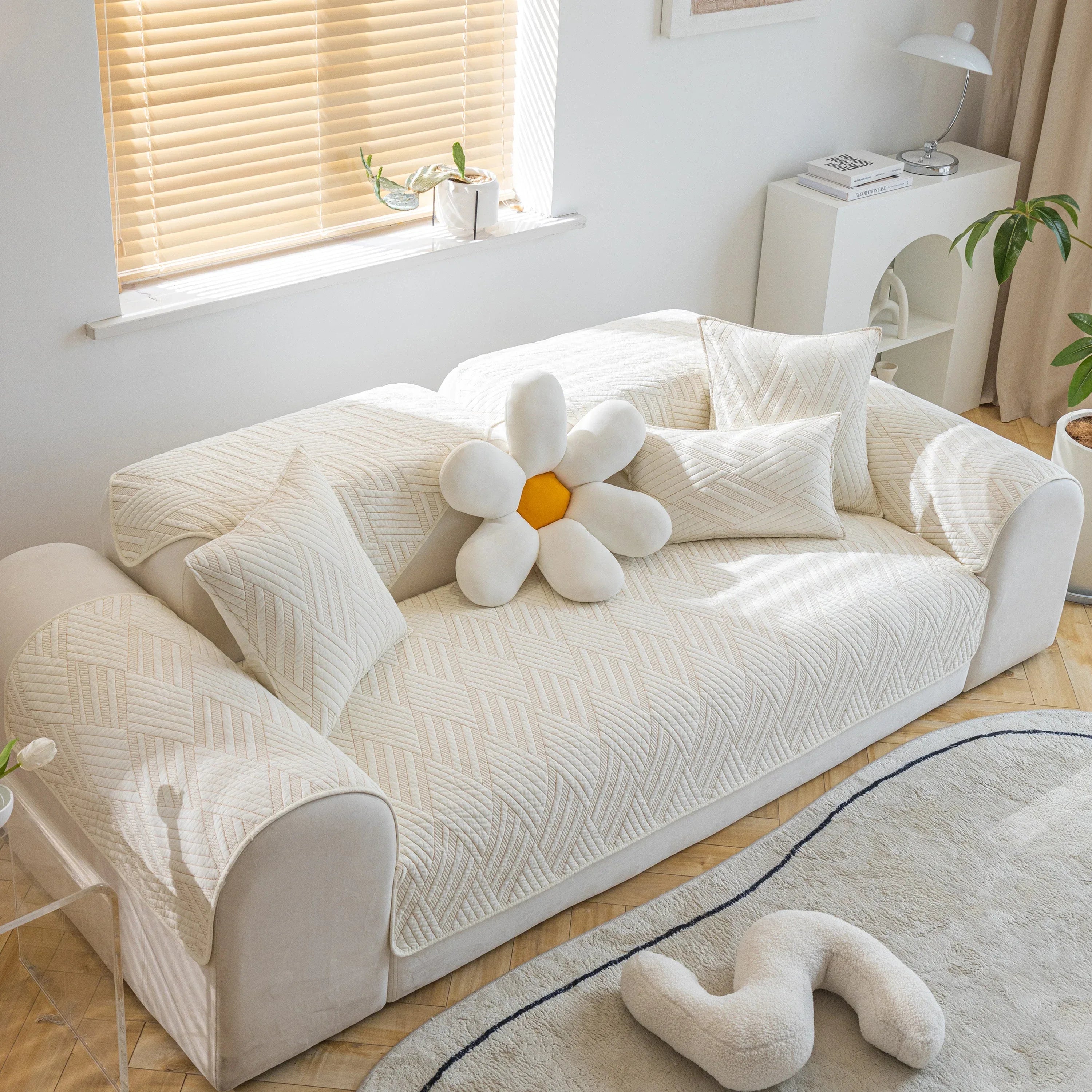 Quilted Geometric Cotton Sofa Cover, Non-Slip & Thick Padded Furniture Covers - TaroTextile