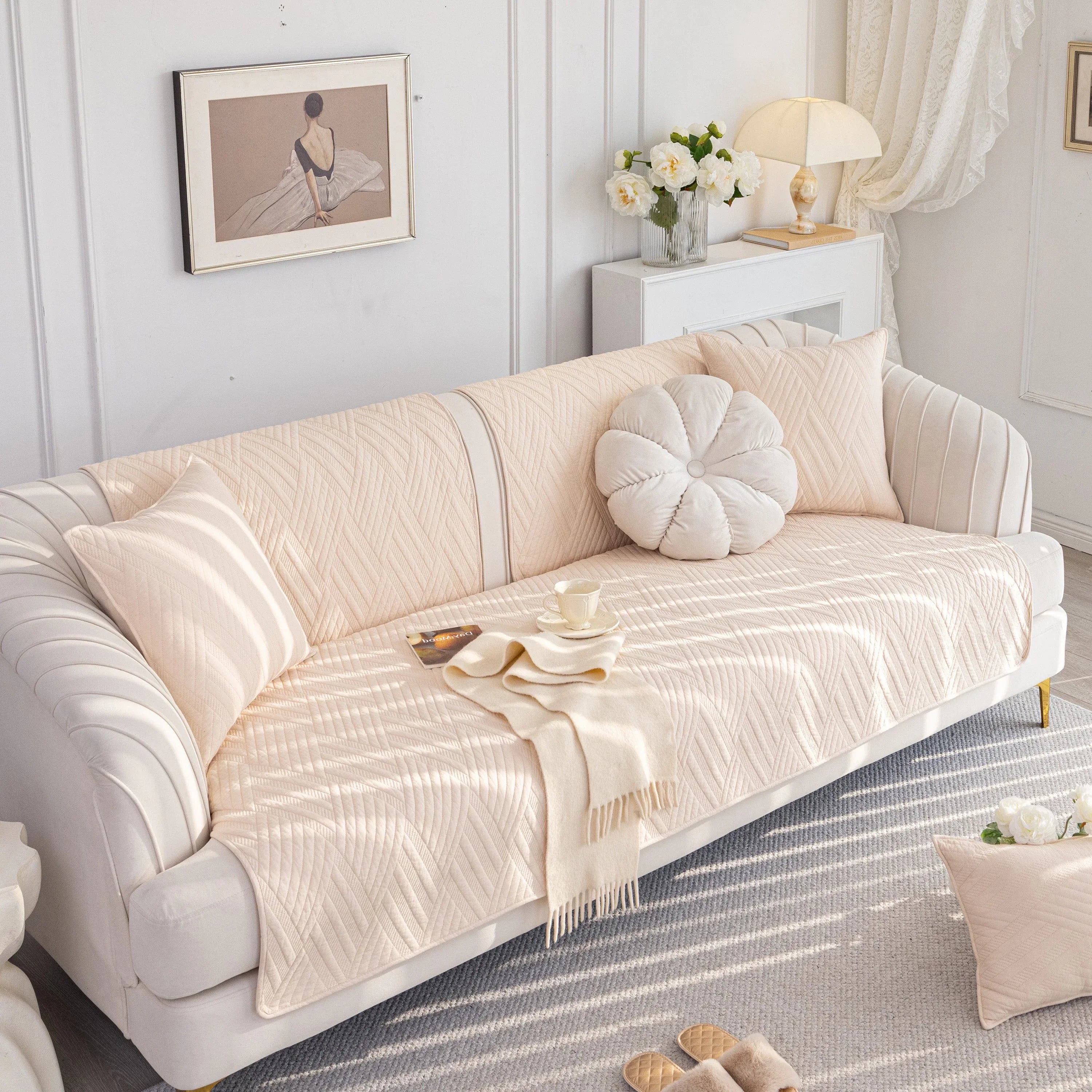 Quilted Geometric Cotton Sofa Cover, Non-Slip & Thick Padded Furniture Covers - TaroTextile