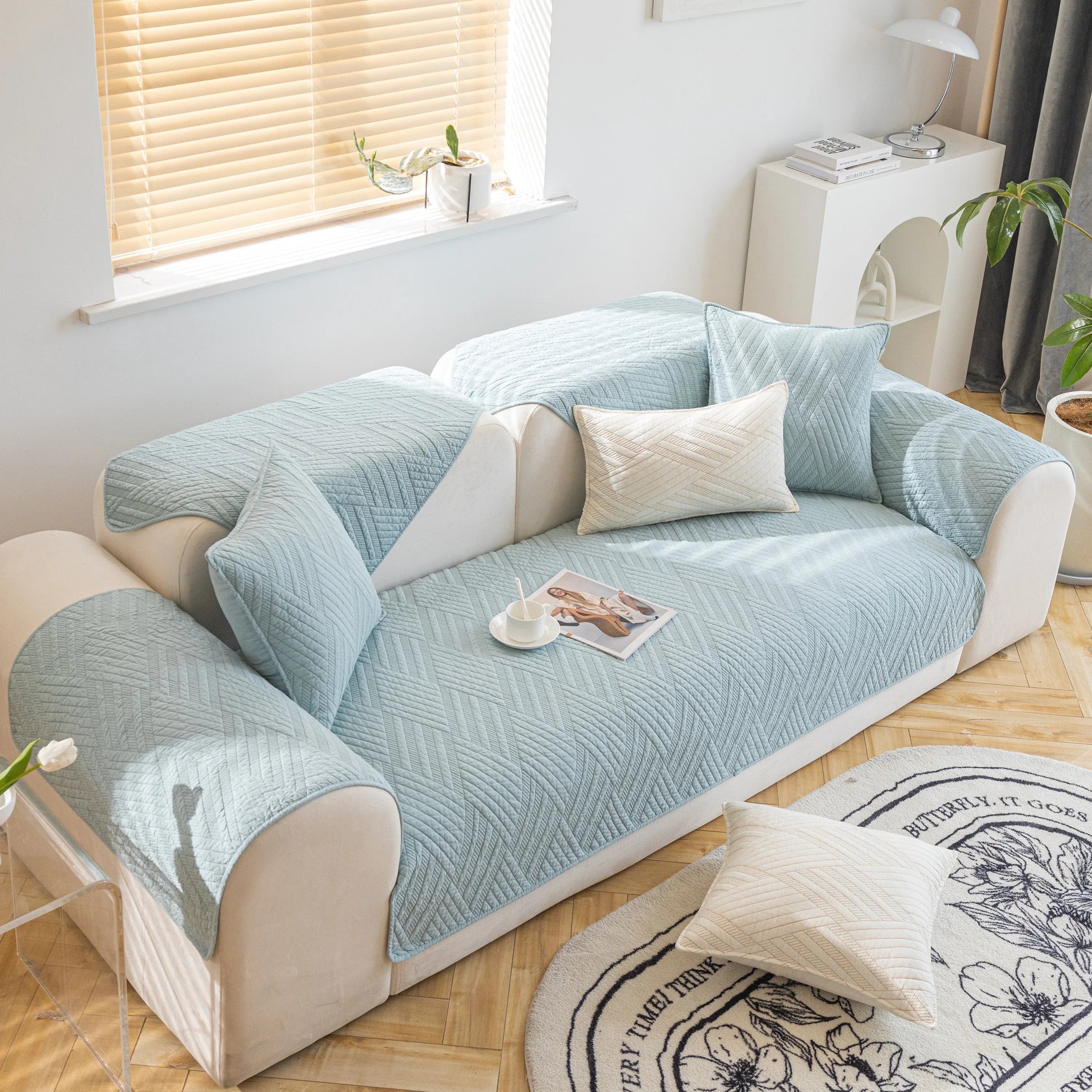 Quilted Geometric Cotton Sofa Cover, Non-Slip & Thick Padded Furniture Covers - TaroTextile
