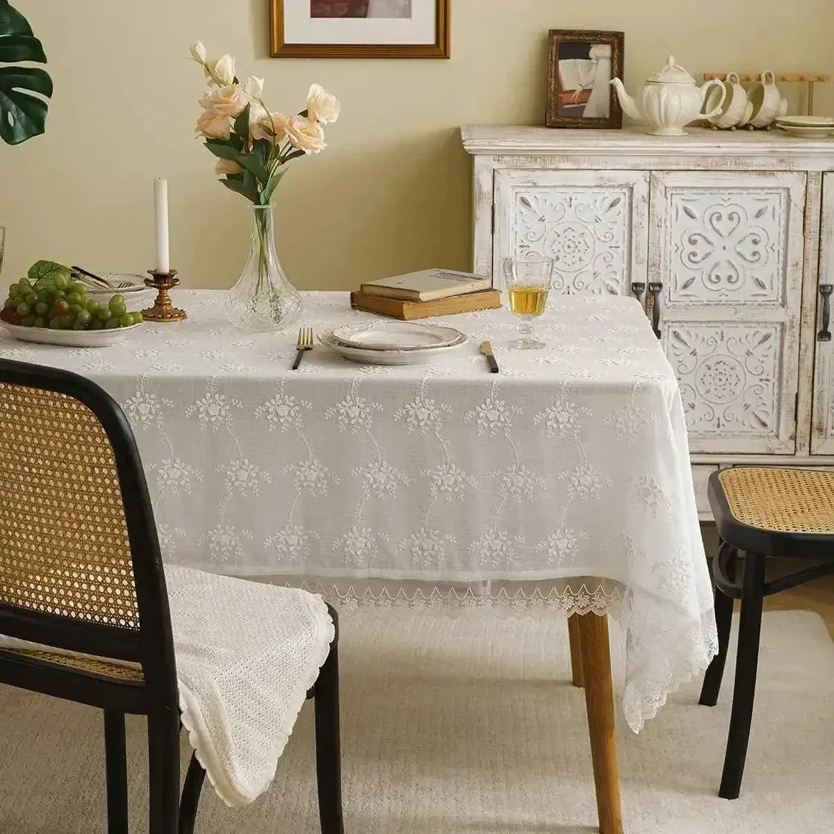 Rectangle Lace Tablecloth Vintage Embroidery Lace Table Cover - TaroTextile