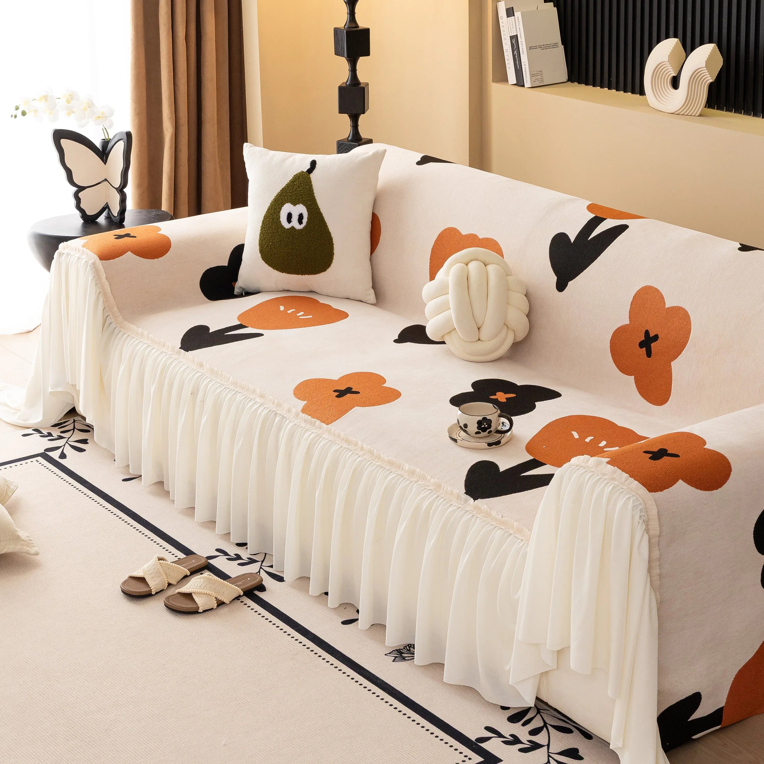 Retro Floral Sofa Cover with Sheer Ruffle Skirt, Decorative Sofa Protector Cover - TaroTextile