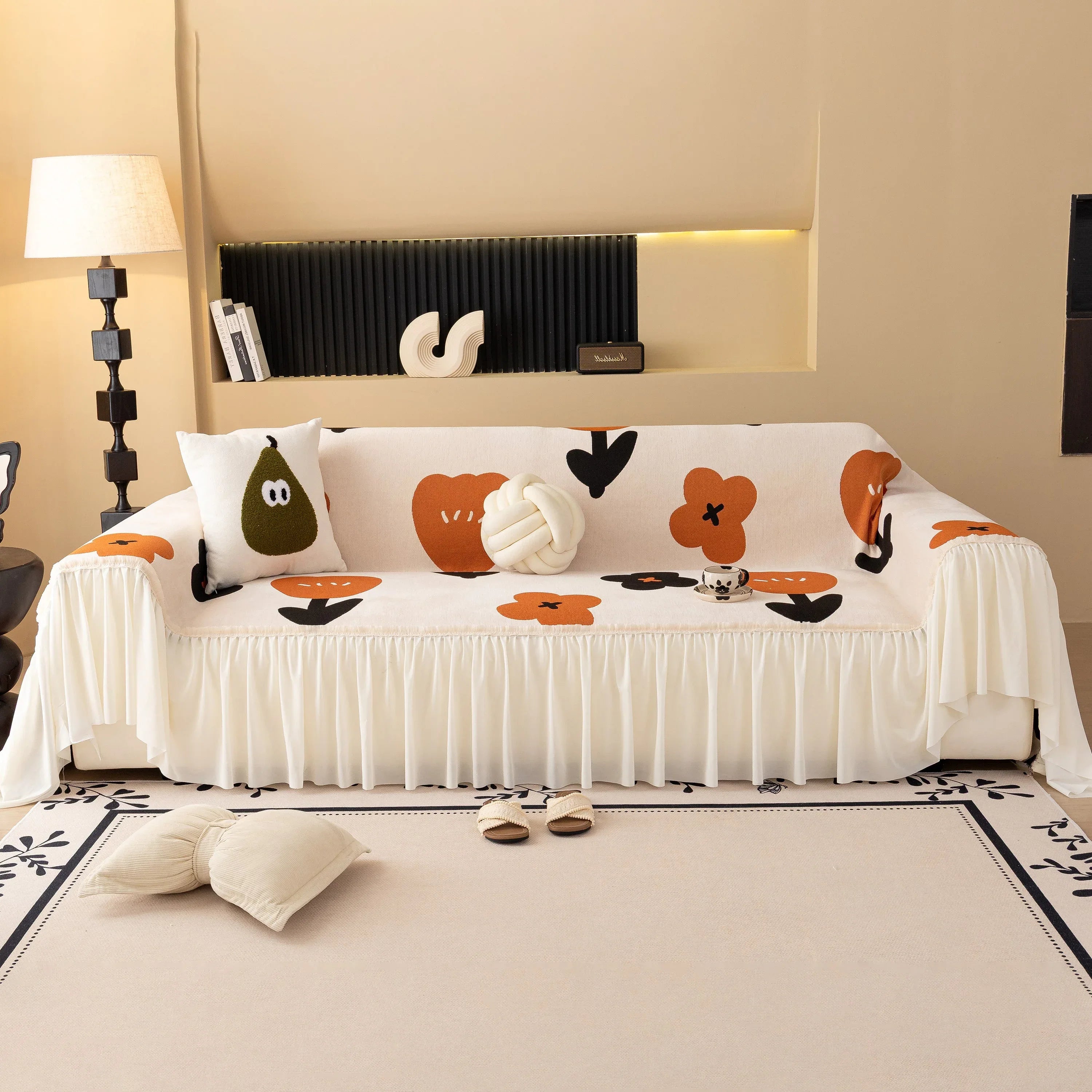 Retro Floral Sofa Cover with Sheer Ruffle Skirt, Decorative Sofa Protector Cover - TaroTextile