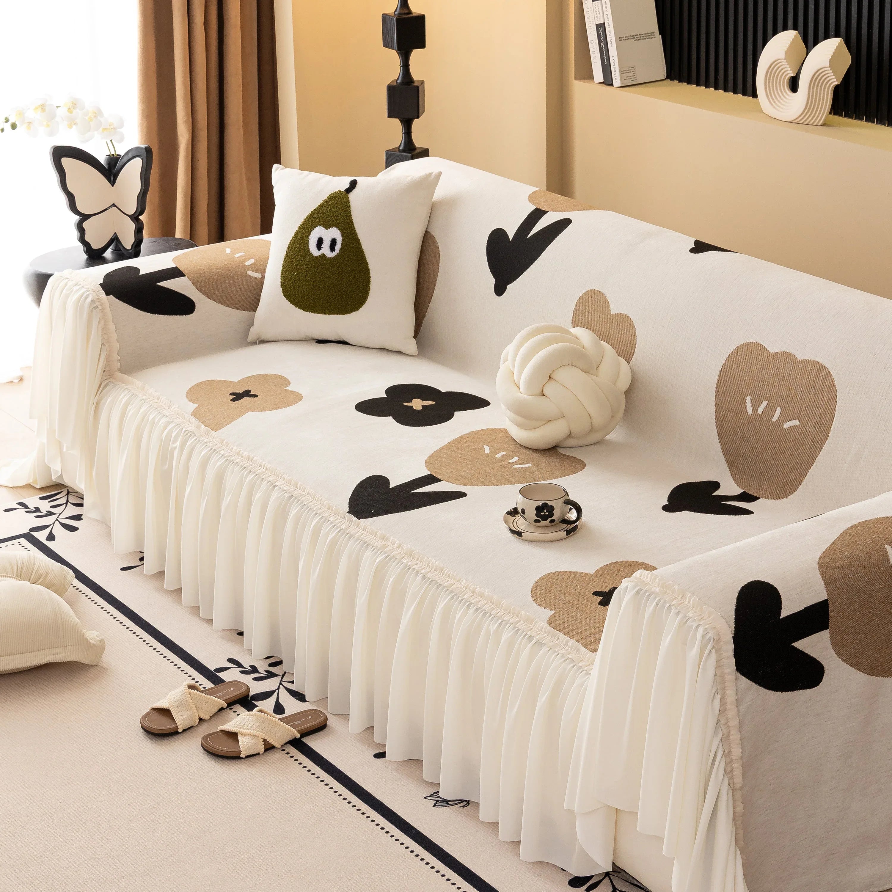 Retro Floral Sofa Cover with Sheer Ruffle Skirt, Decorative Sofa Protector Cover - TaroTextile