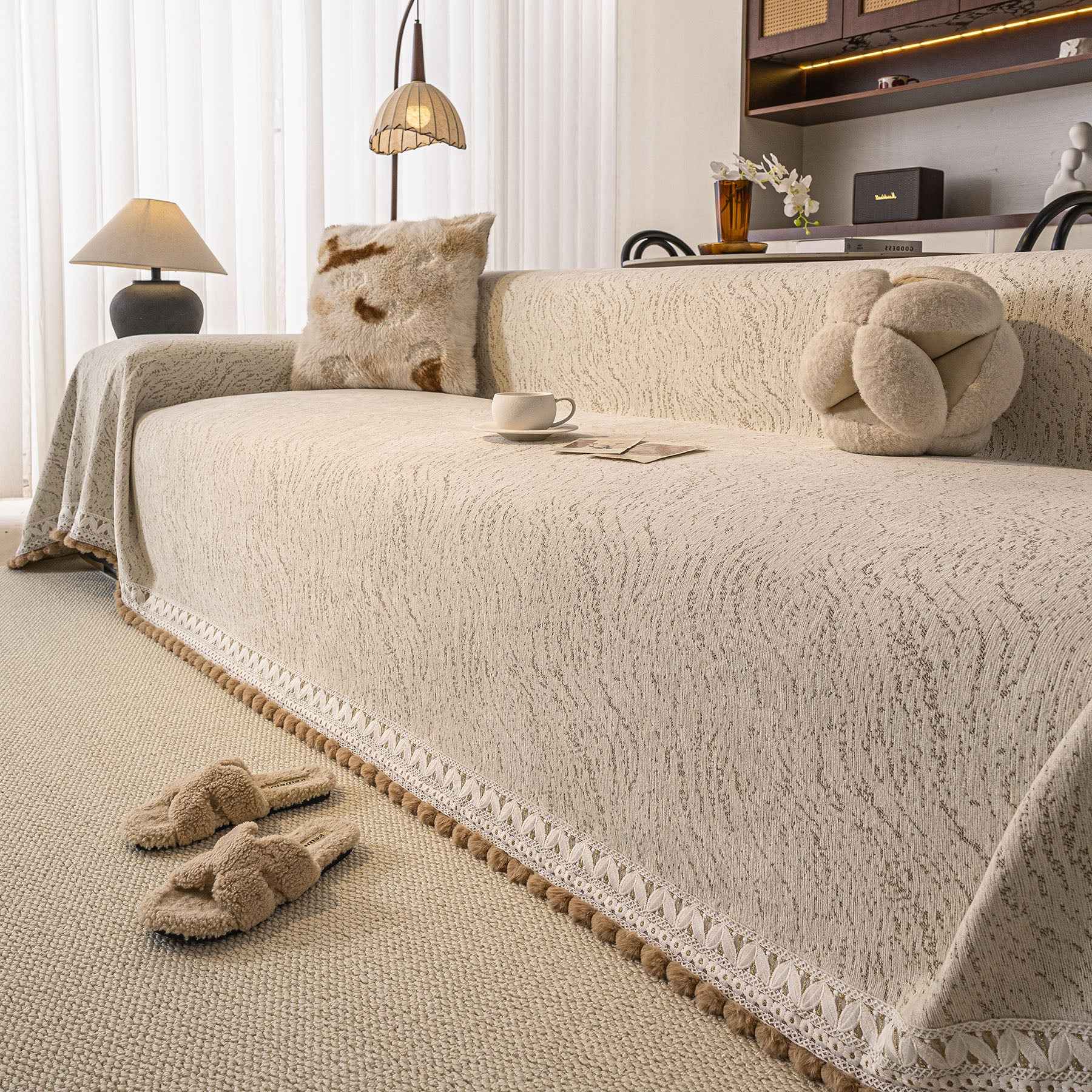 Luxury Elegant Chenille Sofa Throw Cover with Floral Embroidered Lace & Pom-Pom Trim