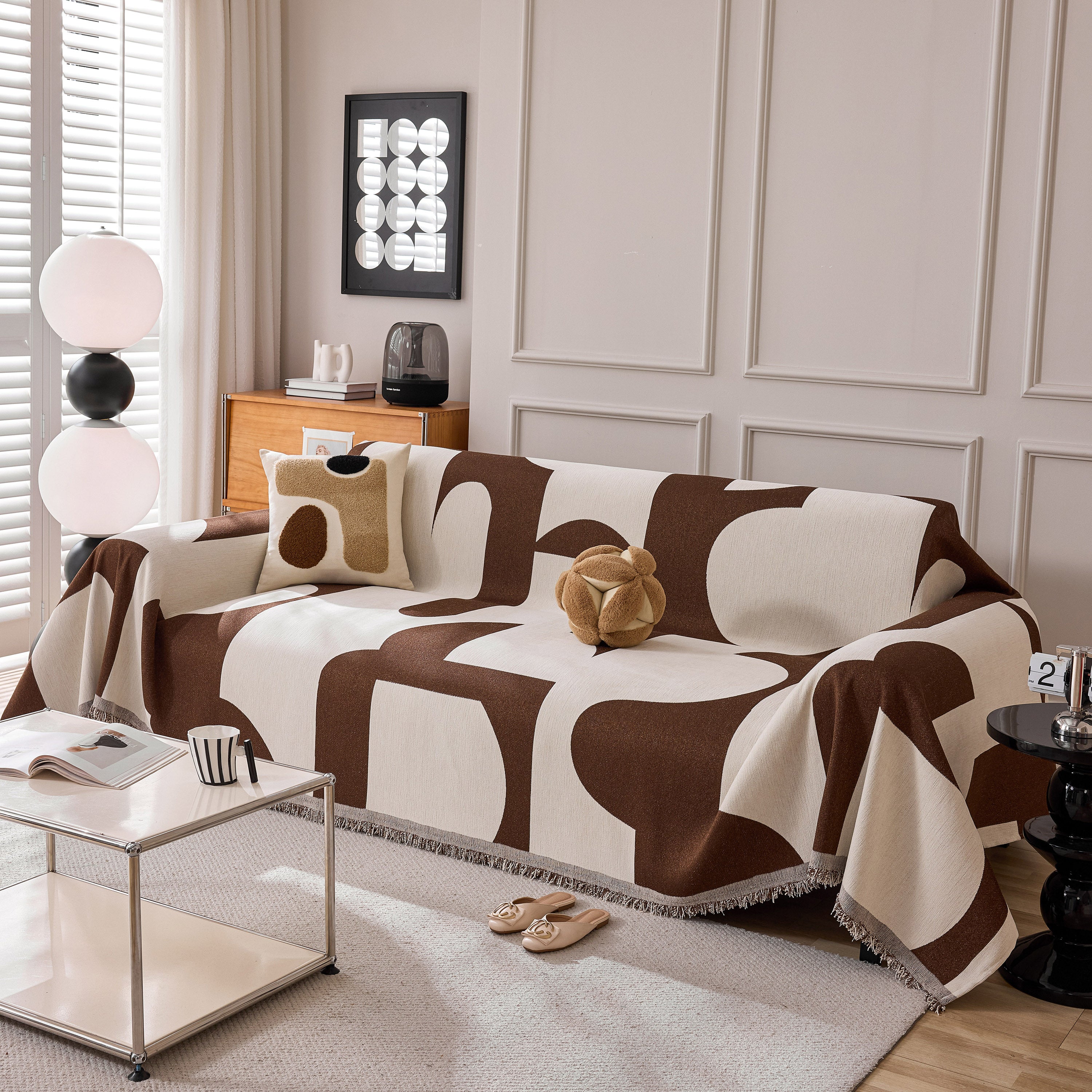 Modern Abstract Chenille Sofa Cover, Large Soft Throw Blanket with Tassels for Couch
