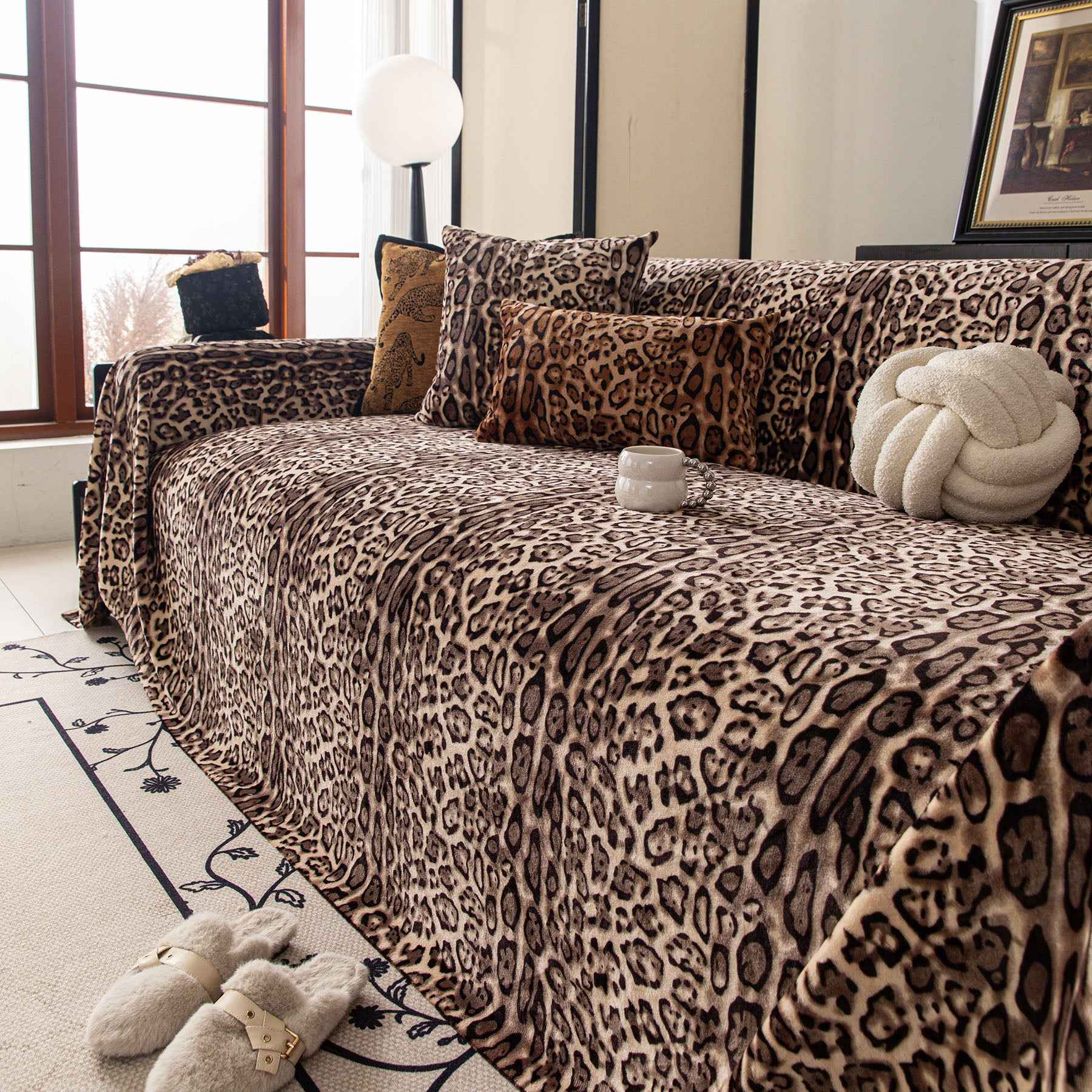 Leopard Print Flannel Sofa Throw Cover, Soft Couch Protector for Pets, Kids & Home