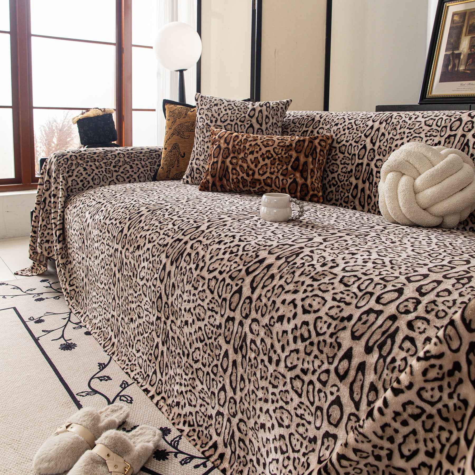 Leopard Print Flannel Sofa Throw Cover, Soft Couch Protector for Pets, Kids & Home
