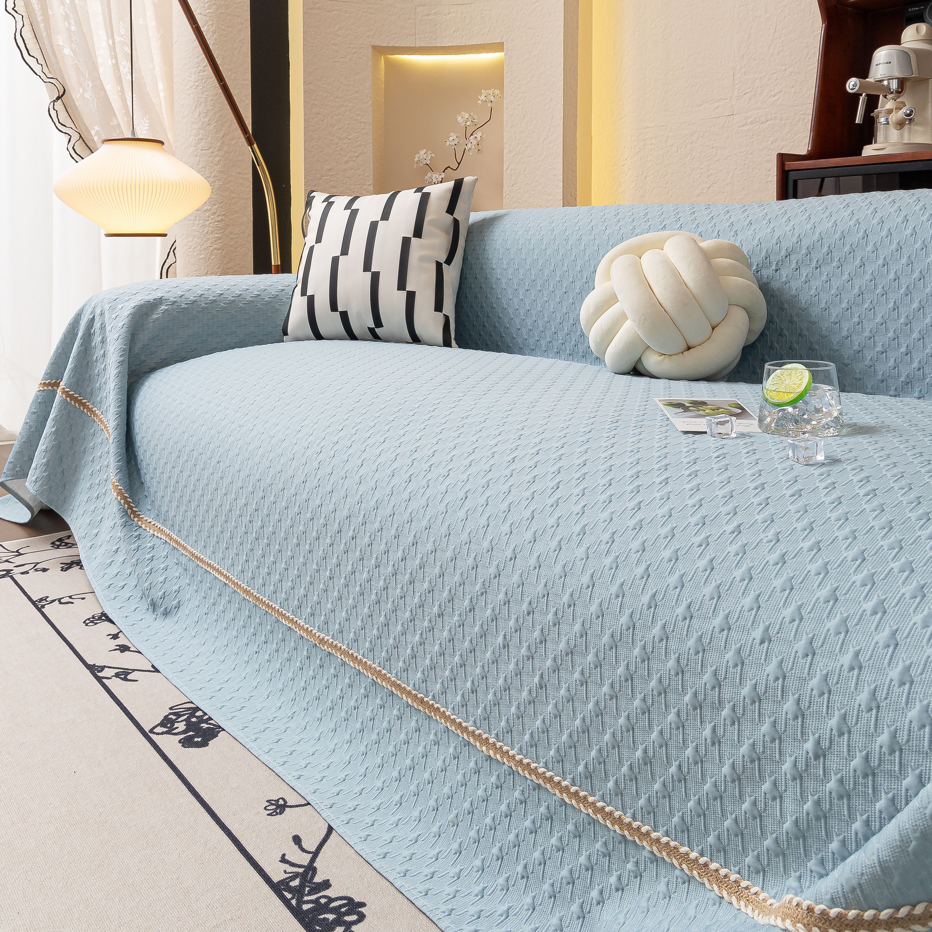 Jacquard Ice Silk Sofa Throw Cover with Gold Trim, Summer Cooling Couch Slipcover