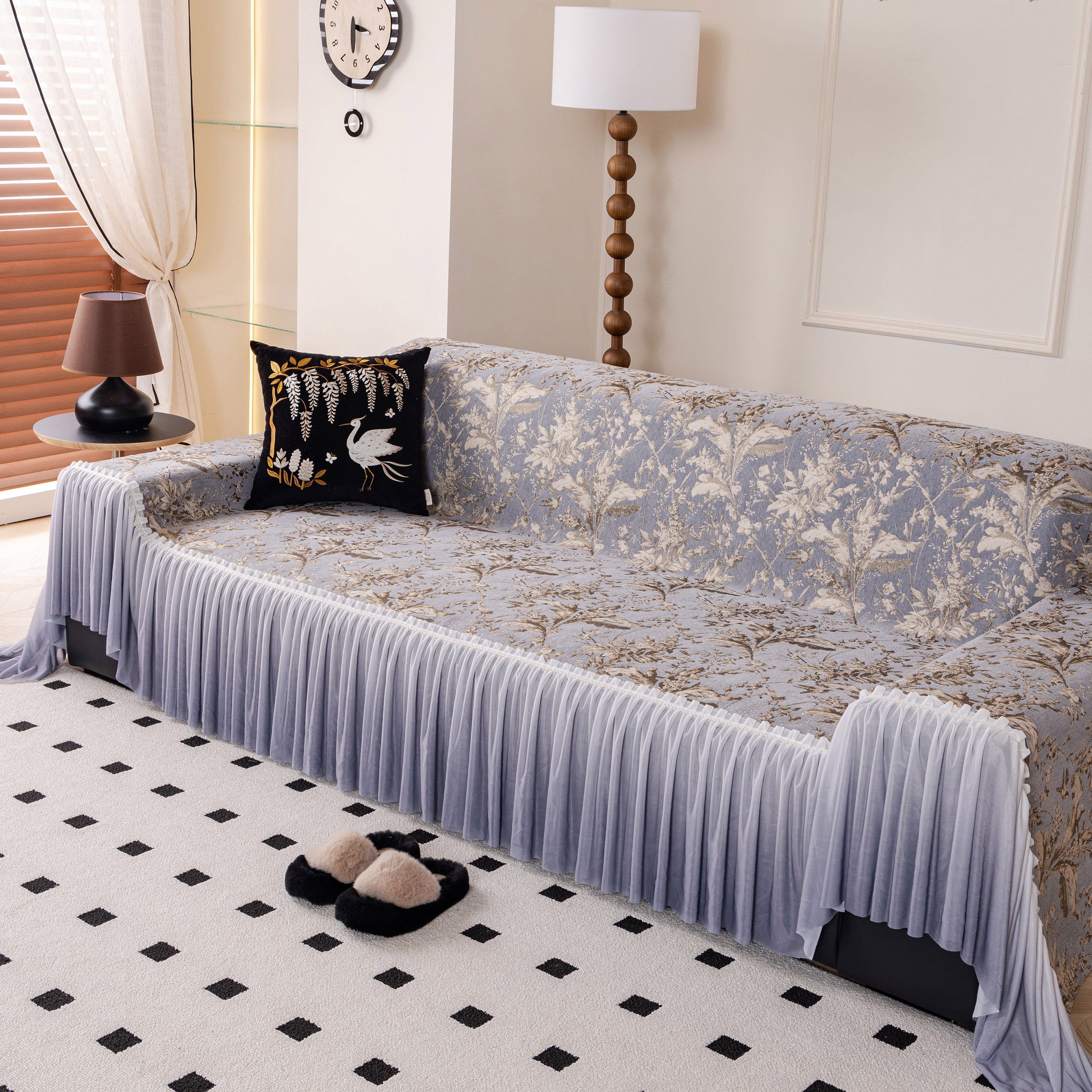 Elegant Botanical Sofa Cover with Pleated Tulle Skirt, Vintage Floral Couch Protector