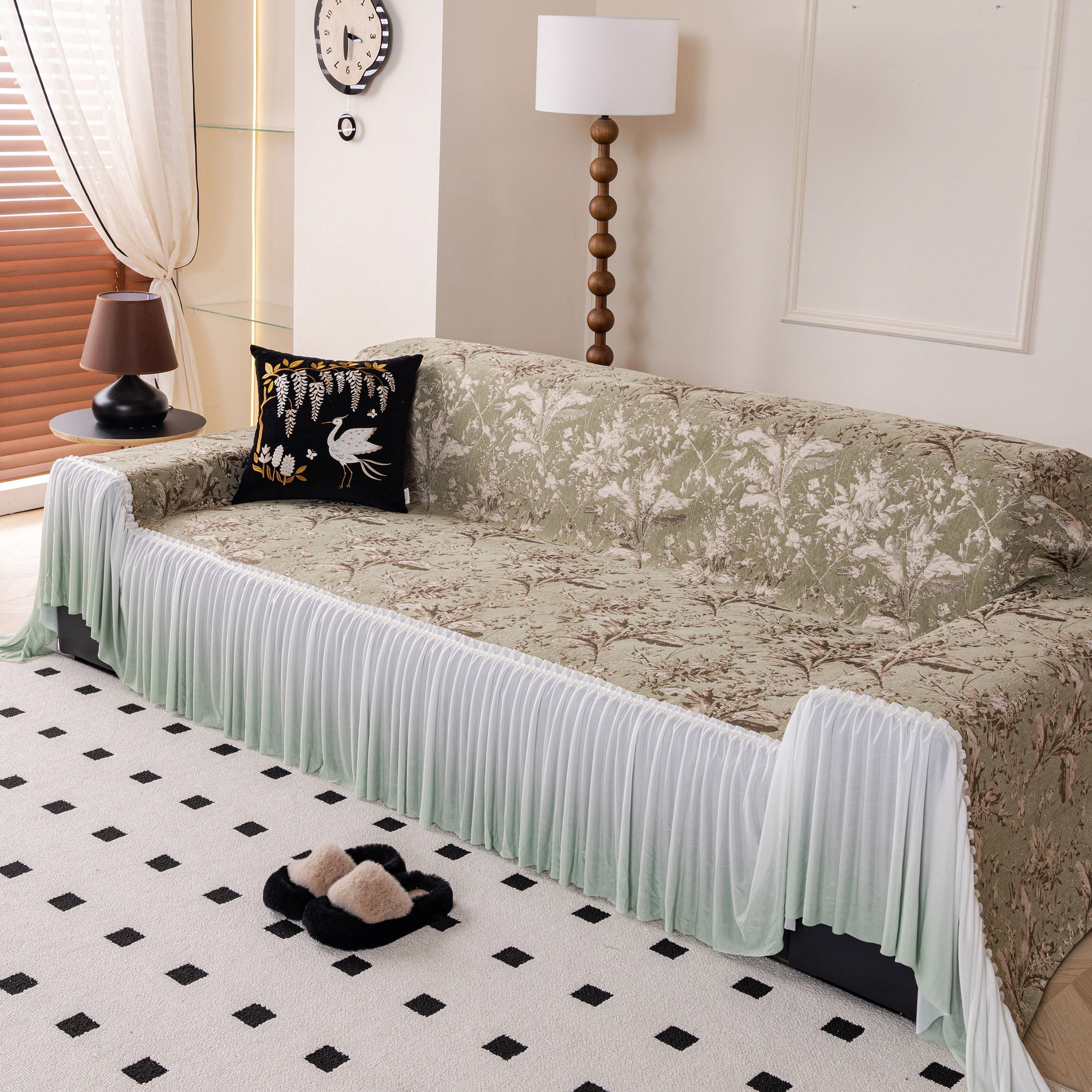 Elegant Botanical Sofa Cover with Pleated Tulle Skirt, Vintage Floral Couch Protector
