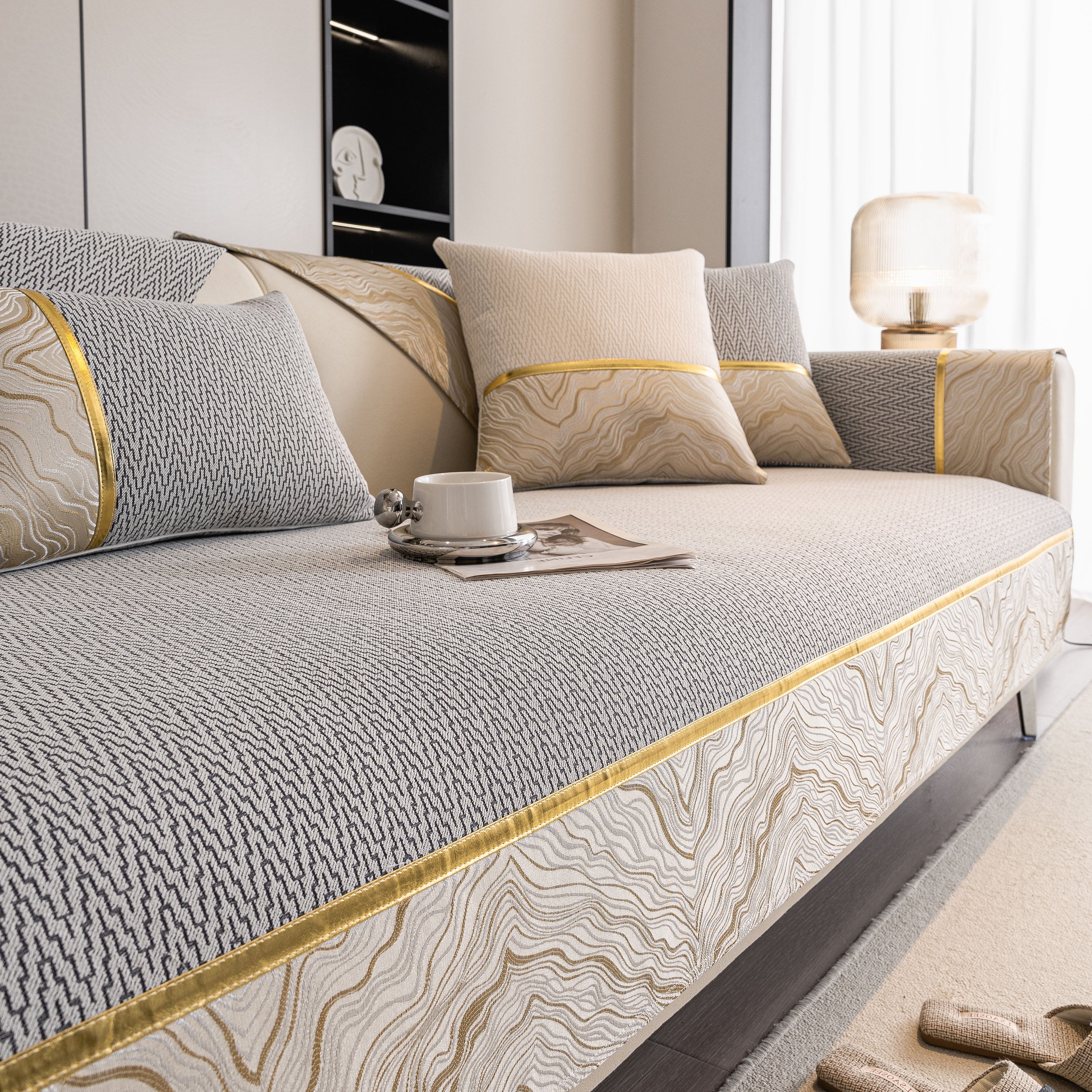 Non-Slip Couch Cover with Gold Trim, Sofa Slipcover for Sectional & Loveseat