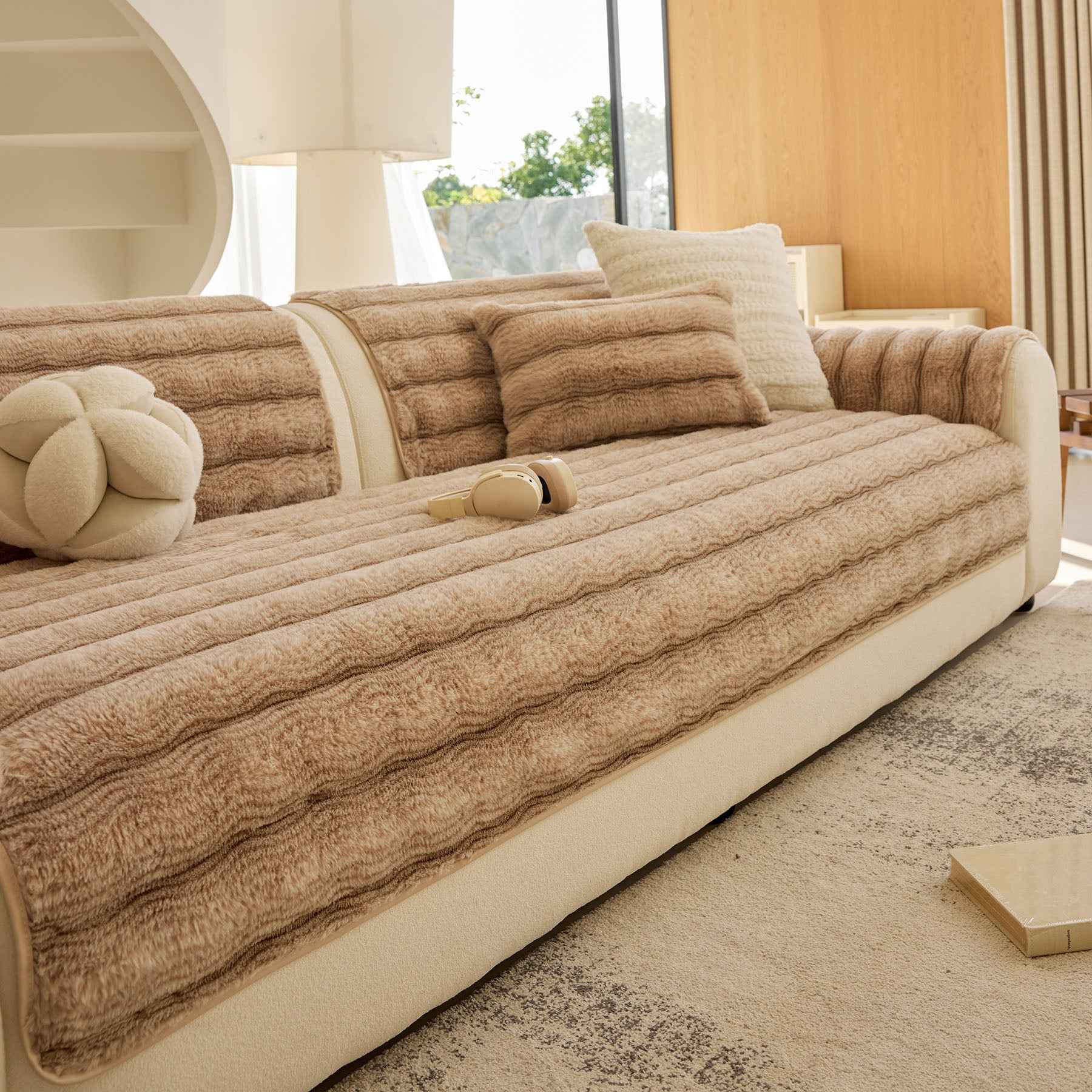 Plush Faux Rabbit Fur Sofa Cover, Warm Non-Slip Couch Protector for Leather Sofas