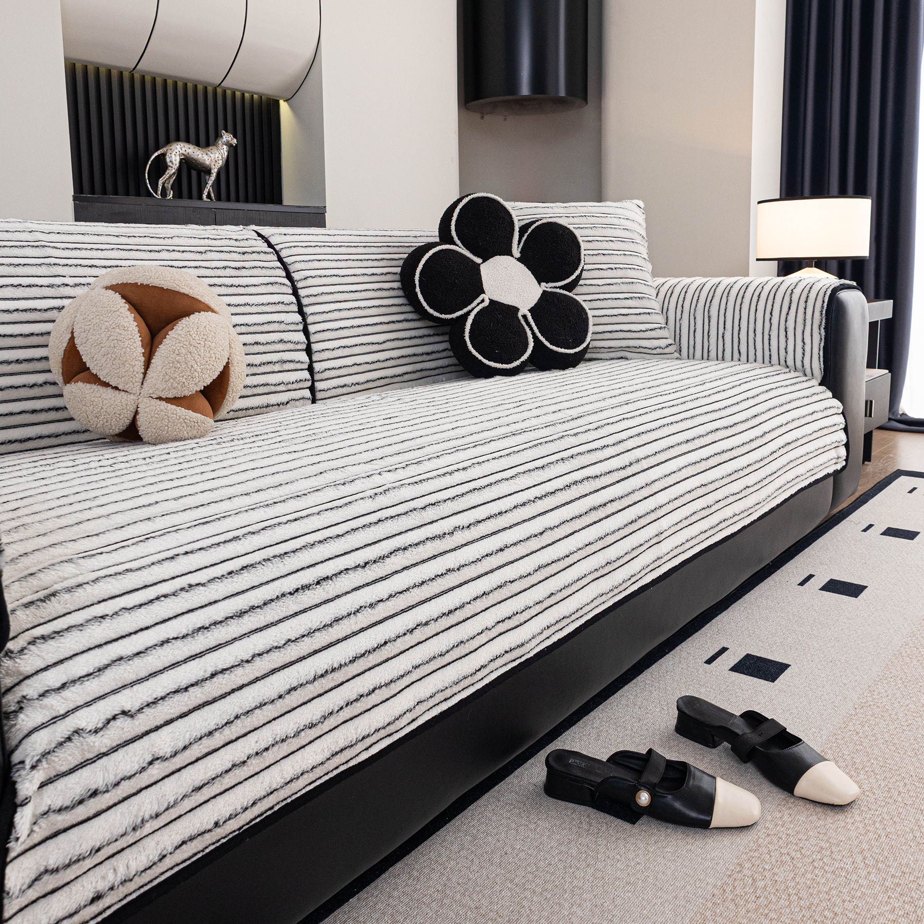 Plush Striped Couch Seat and Backrest Cover, Non-Slip Individual Sofa Protector