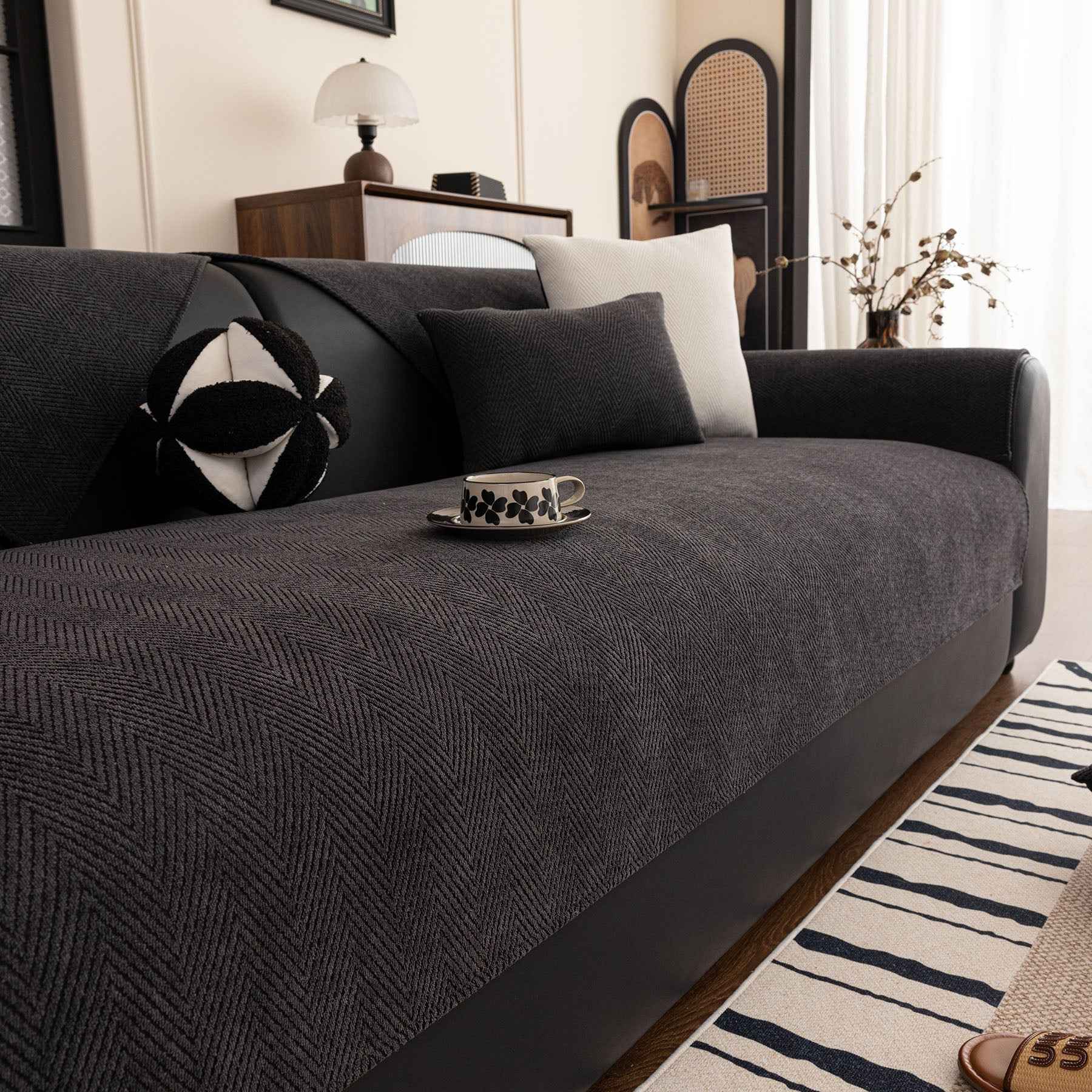 Chenille Textured Herringbone Sofa Cover, Non-Slip Couch Protector for Pets & Kids