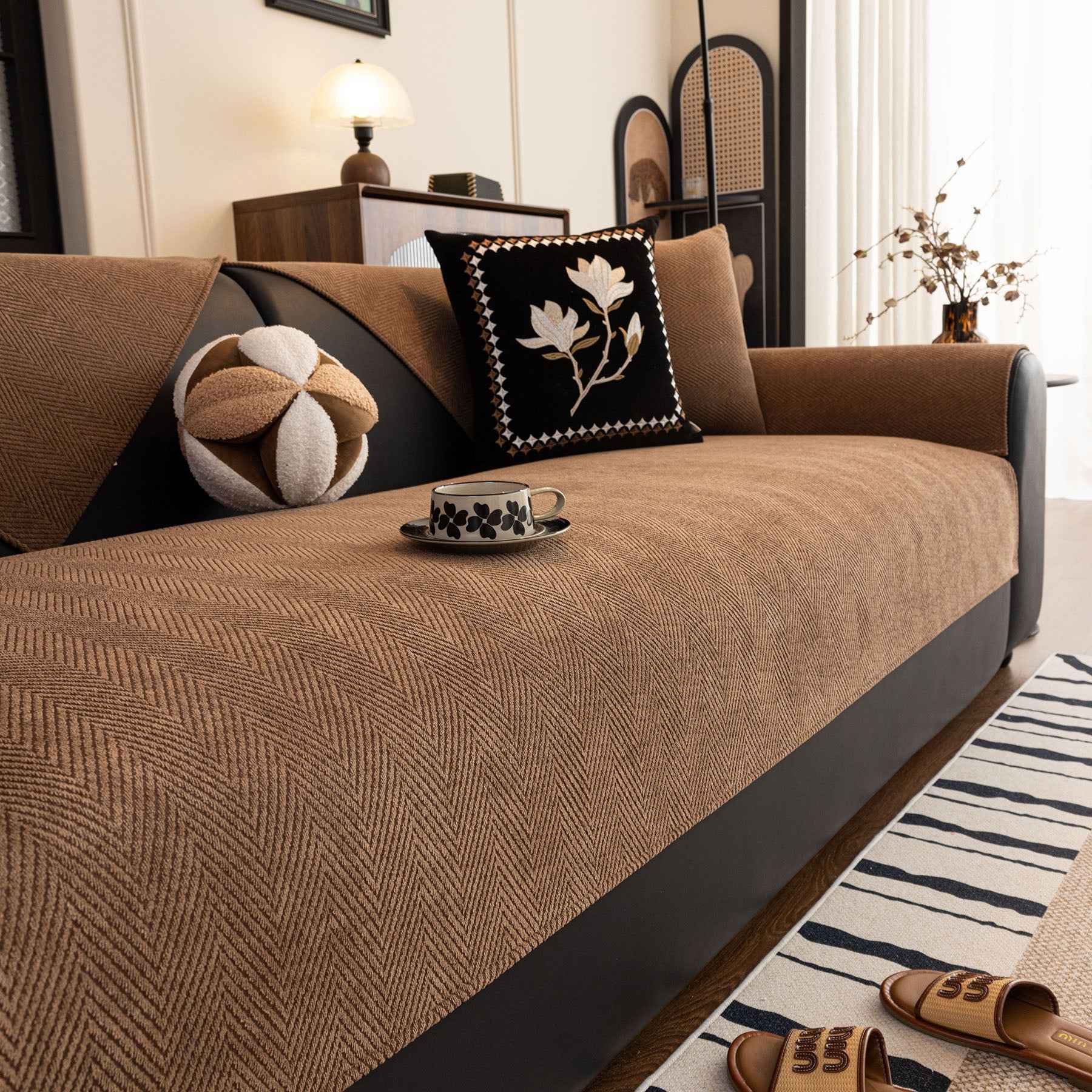 Chenille Textured Herringbone Sofa Cover, Non-Slip Couch Protector for Pets & Kids