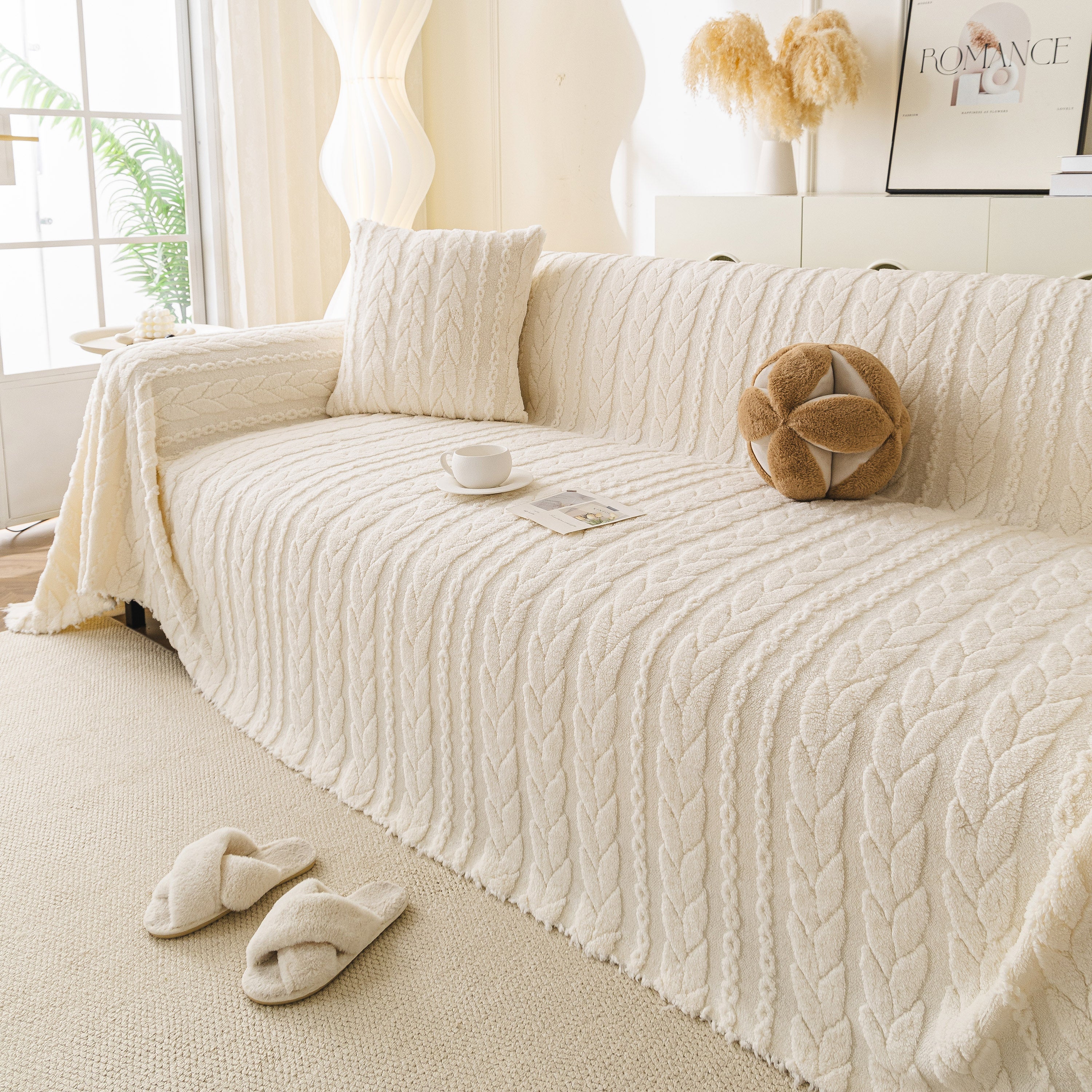 Thick Cozy 3D Cable Sofa Throw Cover, Plush Jacquard Warm Fleece Throw Blanket