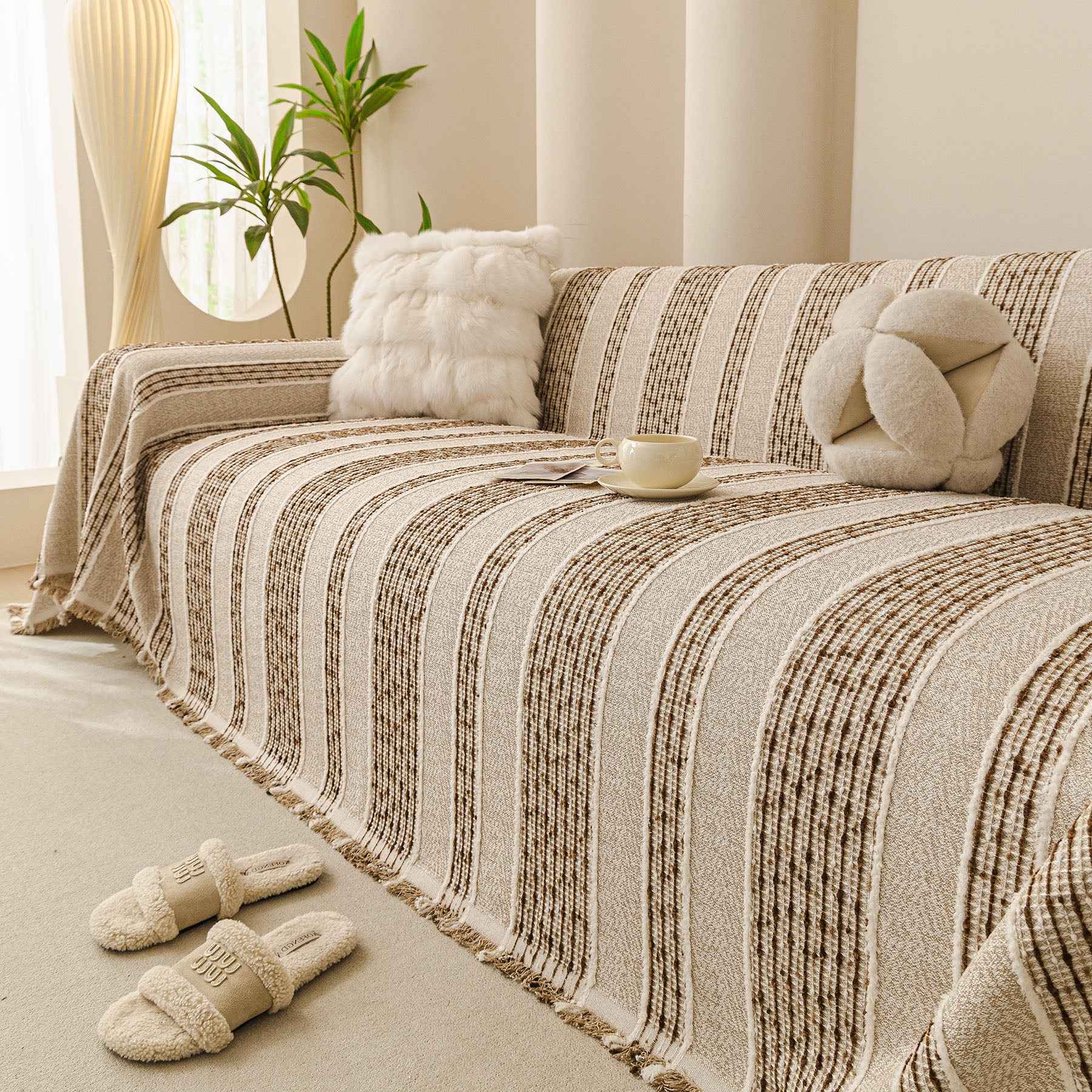 Textured Striped Sofa Throw Cover, Soft Woven Couch Protector with Fringe Edges