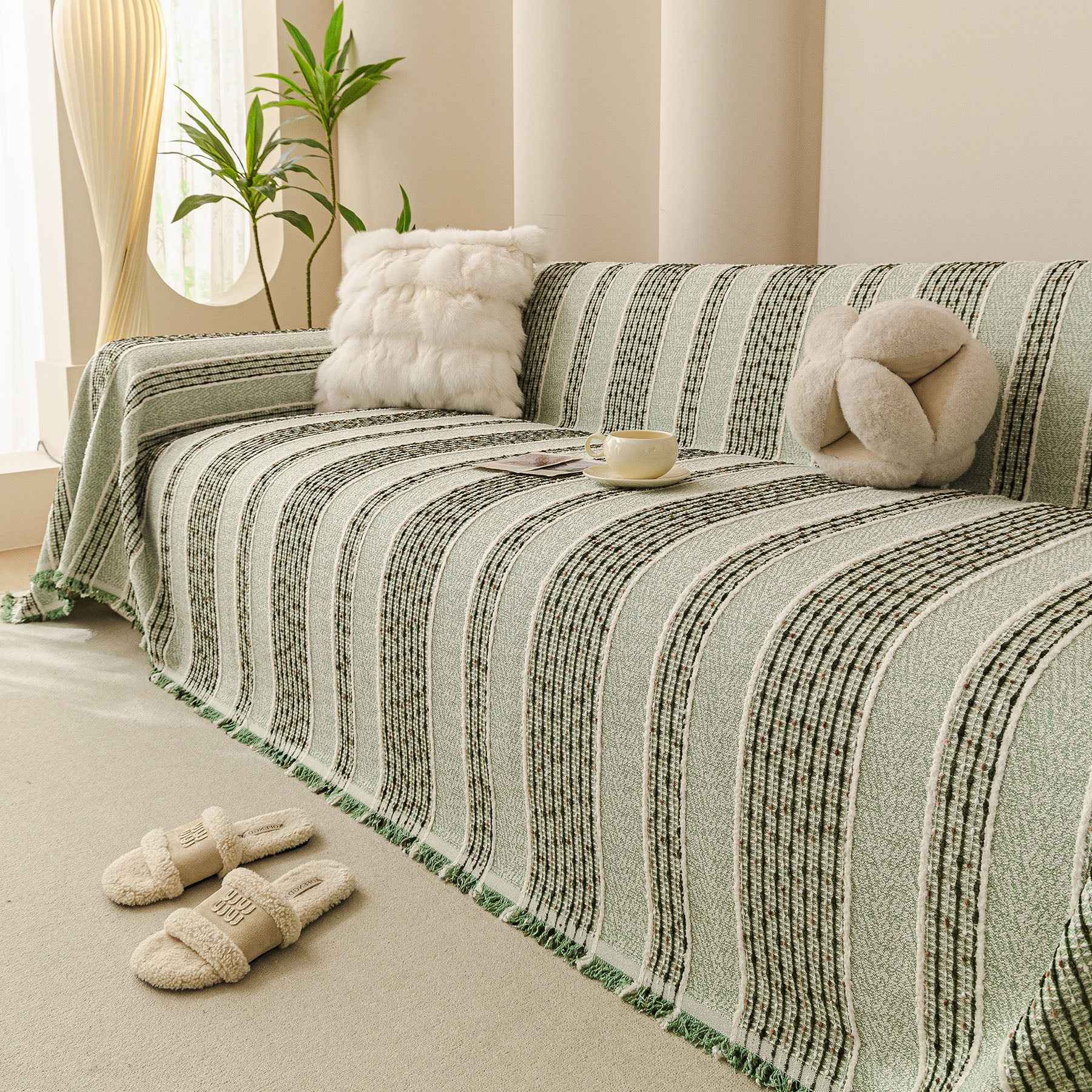 Textured Striped Sofa Throw Cover, Soft Woven Couch Protector with Fringe Edges