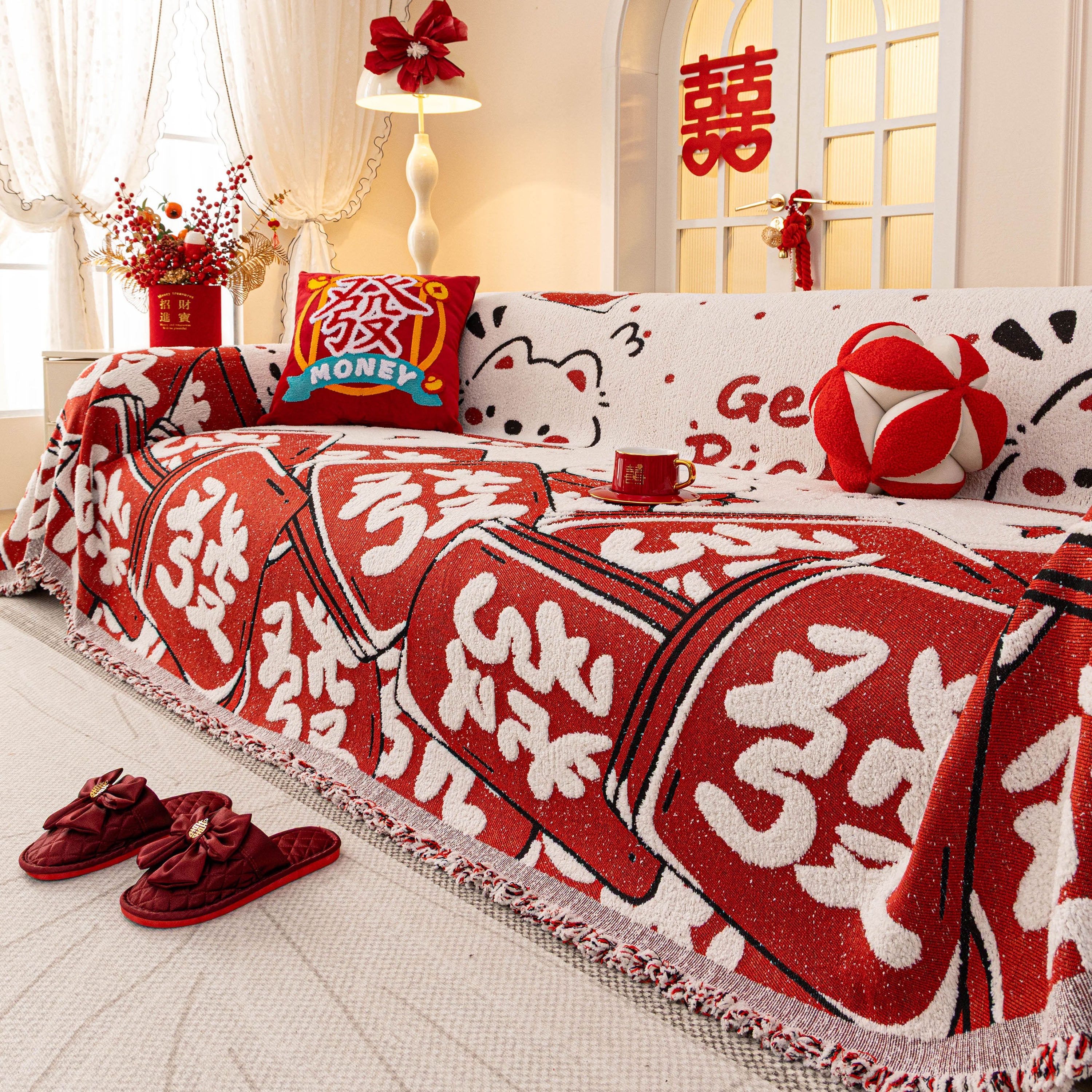 Chinese New Year Sofa Throw Cover Blanket, Decor Festive Red Fu Pattern Couch Cover