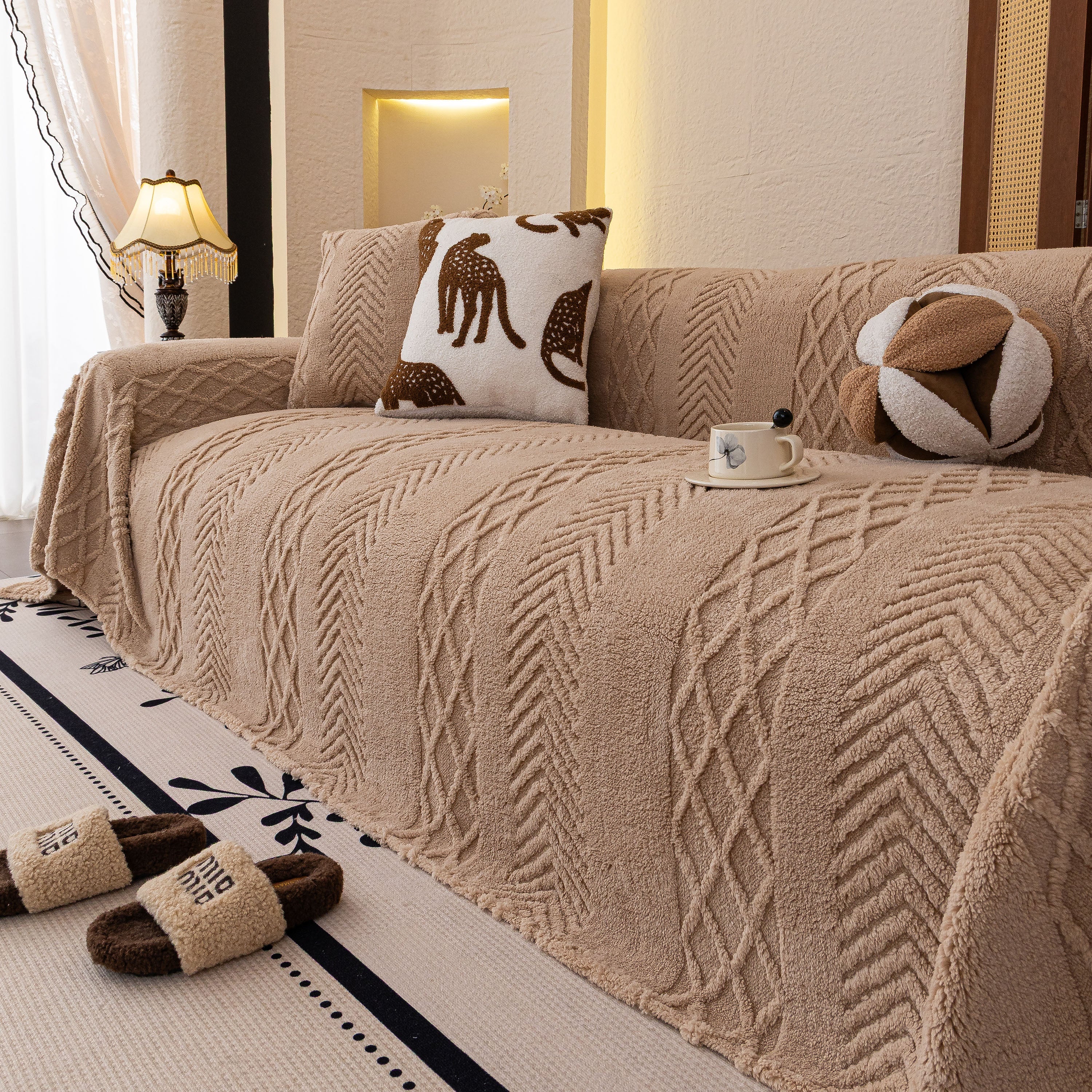 Plush Sherpa Fleece Sofa Cover with 3D Cable Knit Texture, Soft Cozy Throw Blanket