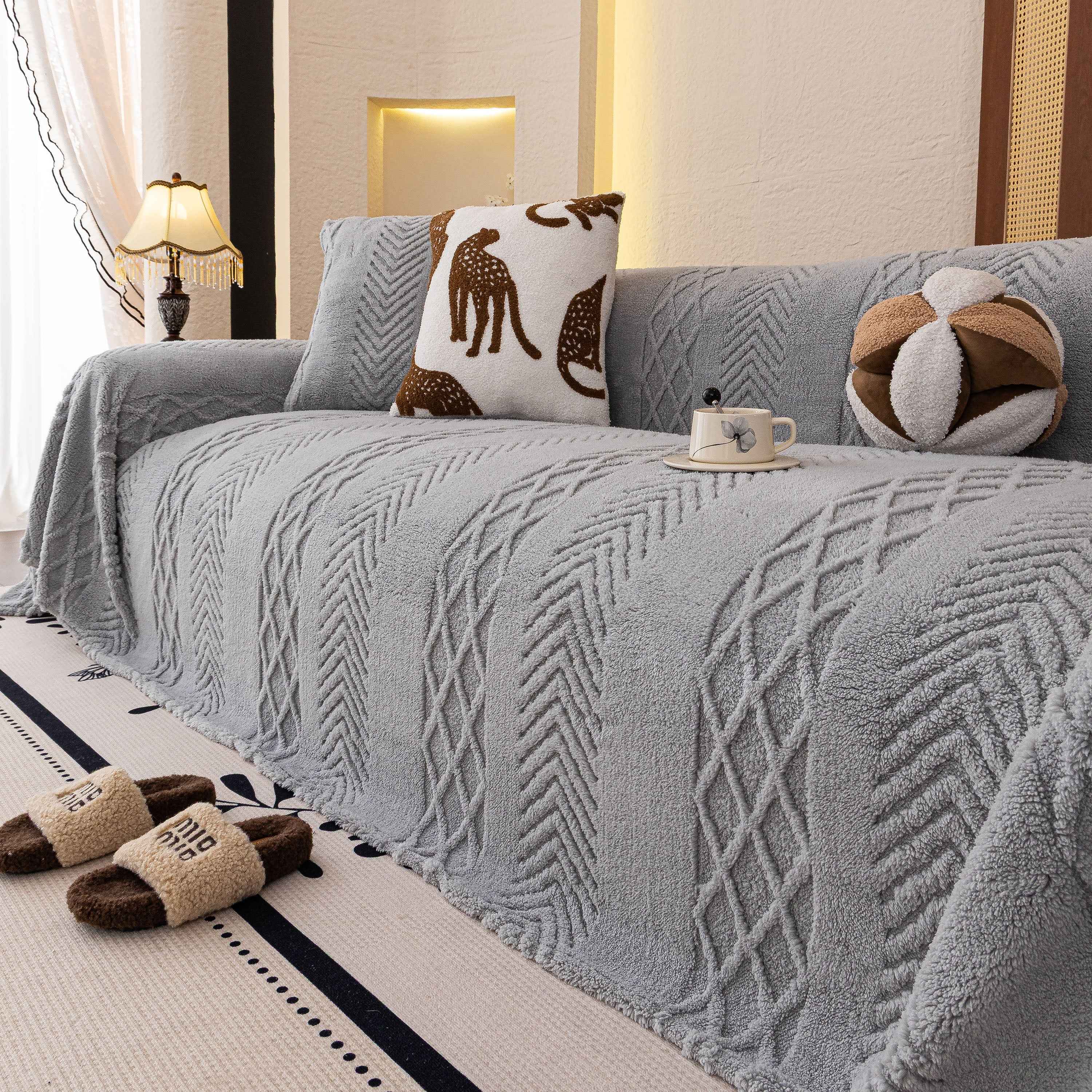 Plush Sherpa Fleece Sofa Cover with 3D Cable Knit Texture, Soft Cozy Throw Blanket