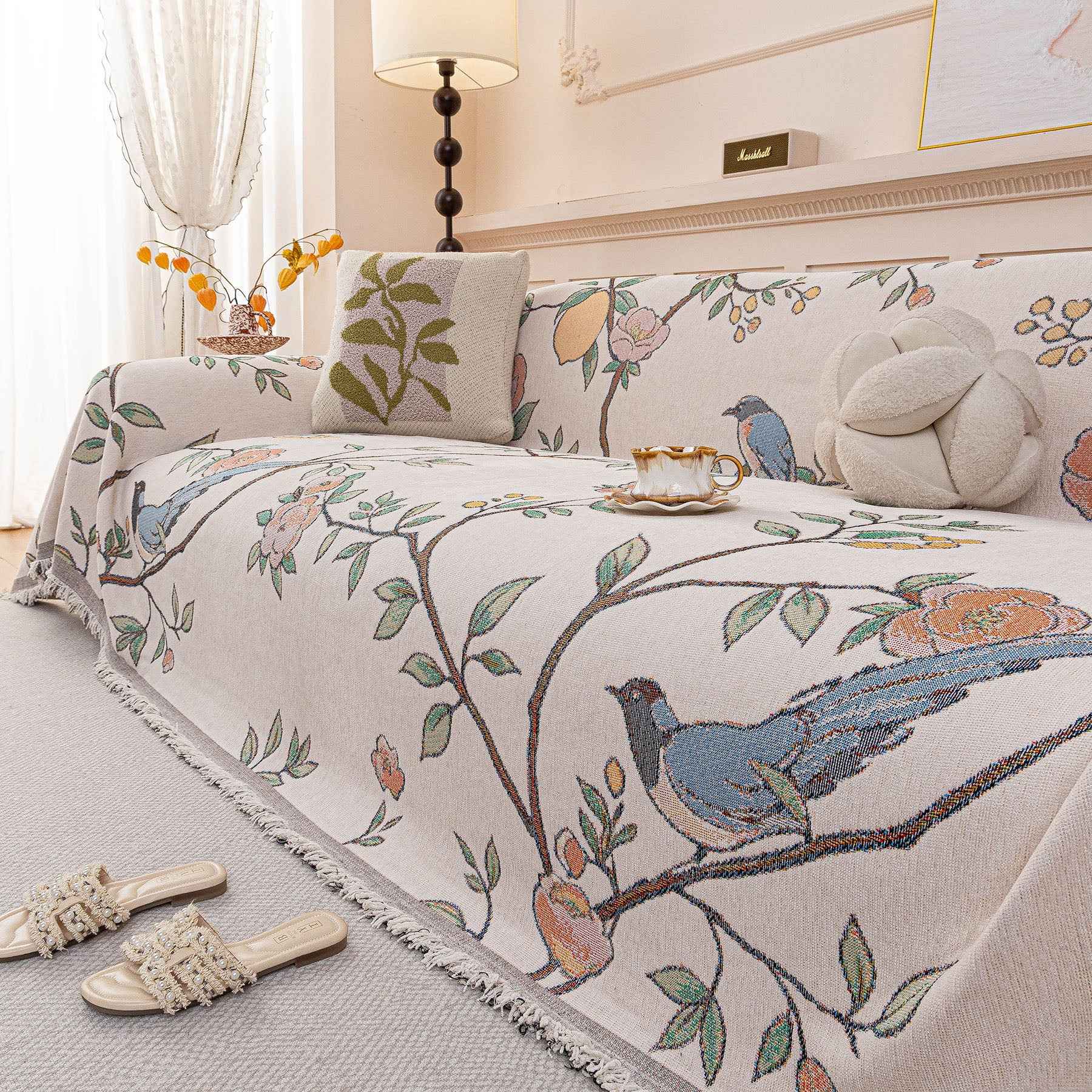 Farmhouse Chenille Sofa Throw Cover, Botanical Bird & Floral Jacquard Couch Protector