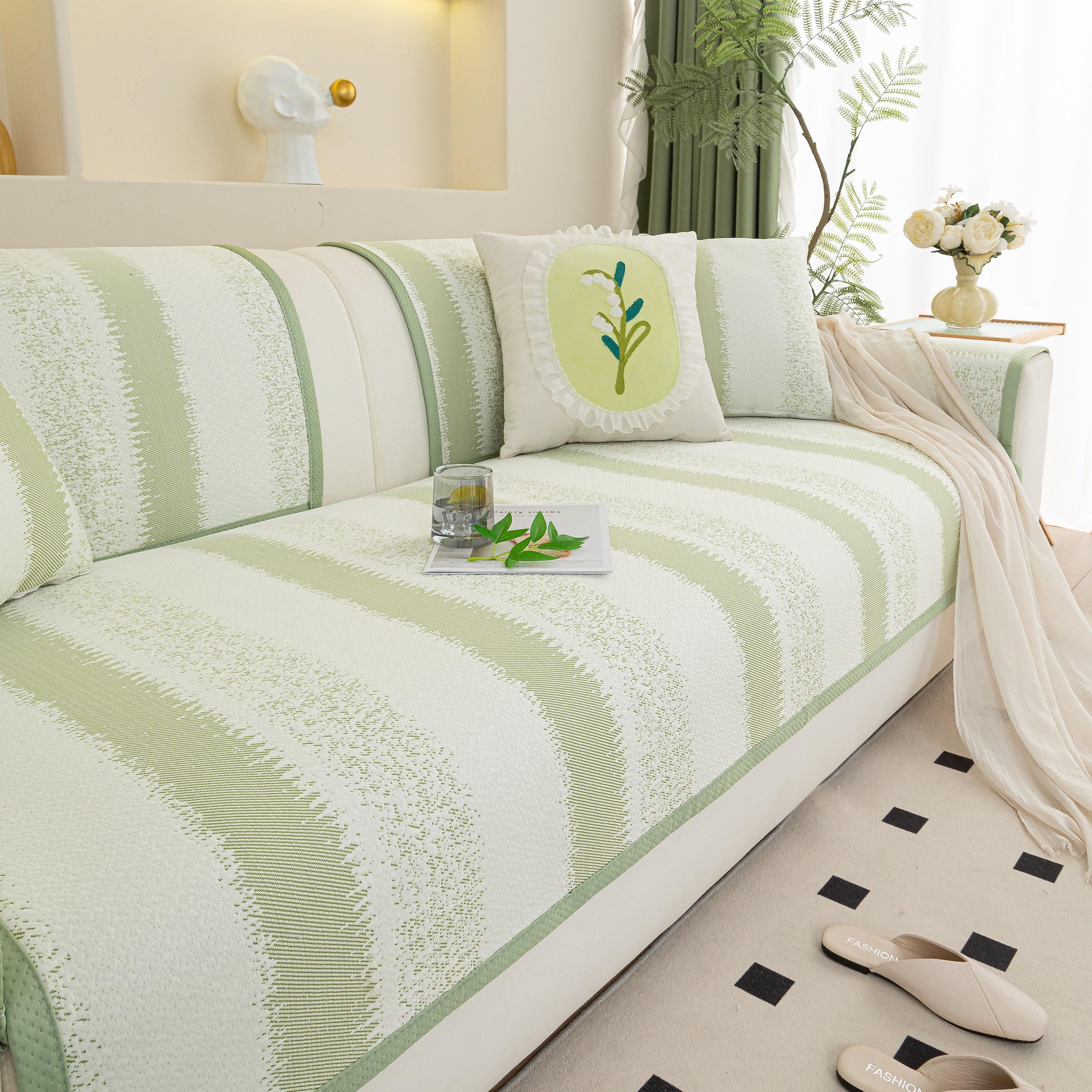 Striped Non-Slip Cooling Couch Cover, Summer Couch Pads for Seat Back Armrest