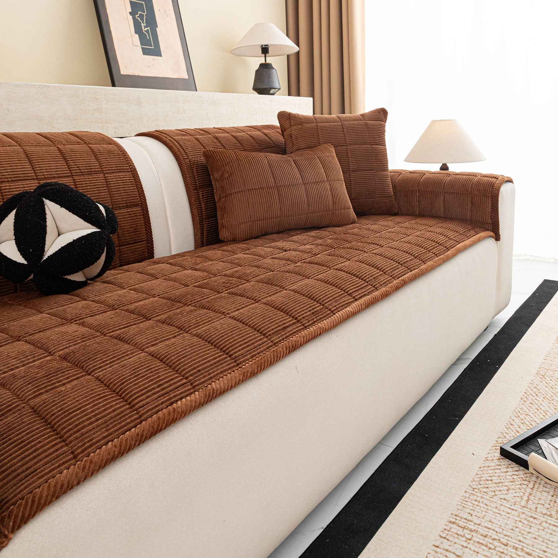 Quilted Corduroy Couch Topper, Non-Slip Soft Padded Sofa Protector for Pets & Kids