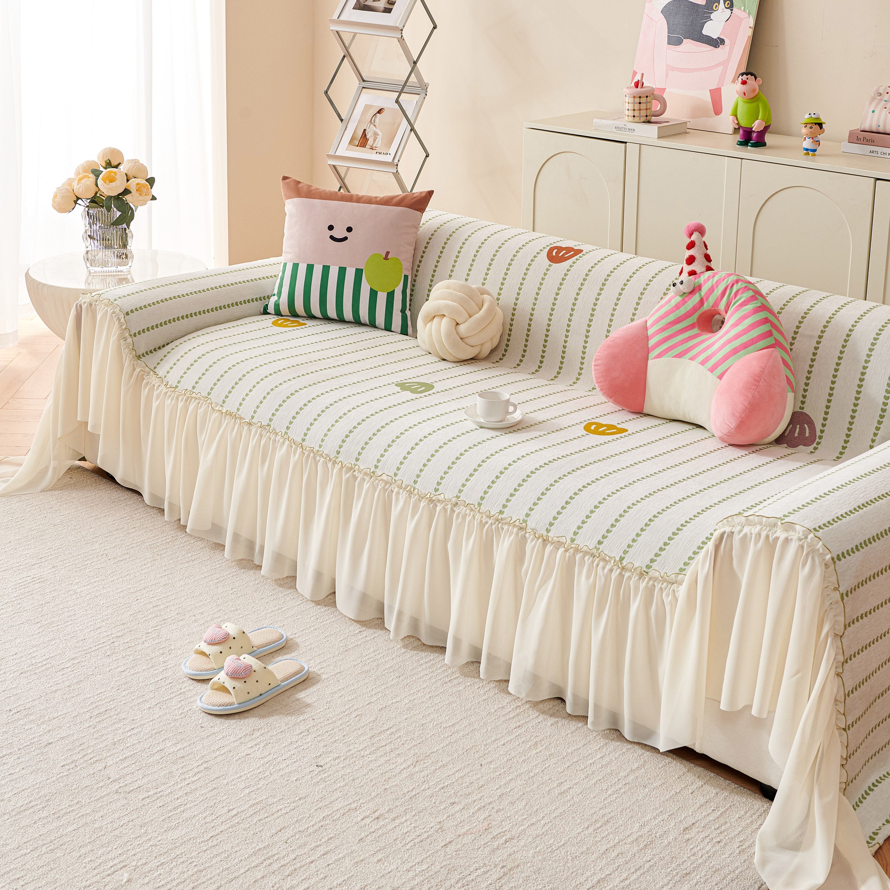 Cute Dotted Stripe Couch Protector, Non-Slip Washable Sofa Cover with Ruffled Skirt