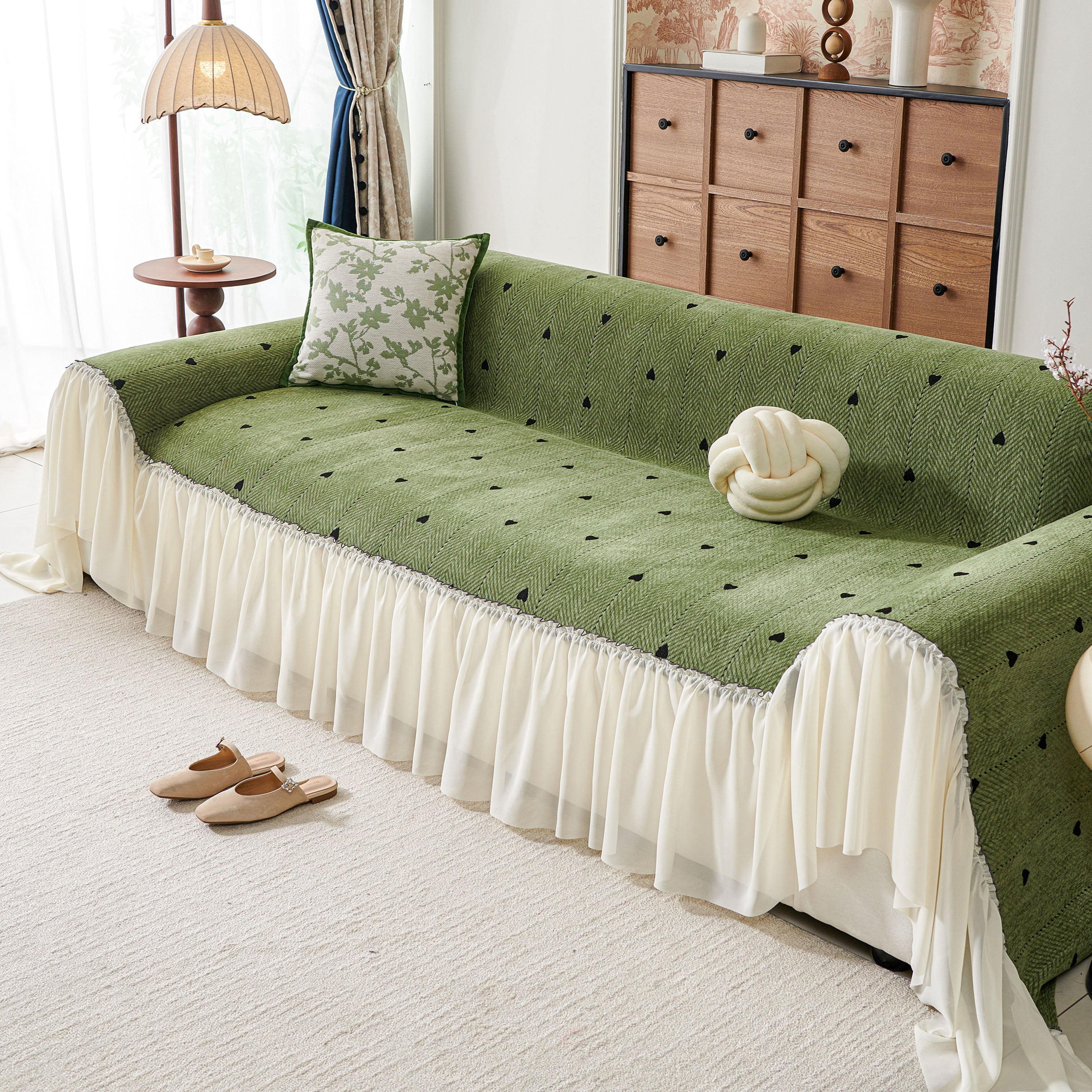 Cottagecore Ruffled Sofa Slipcover, Shabby Chic Couch Protector Cover for Living Room