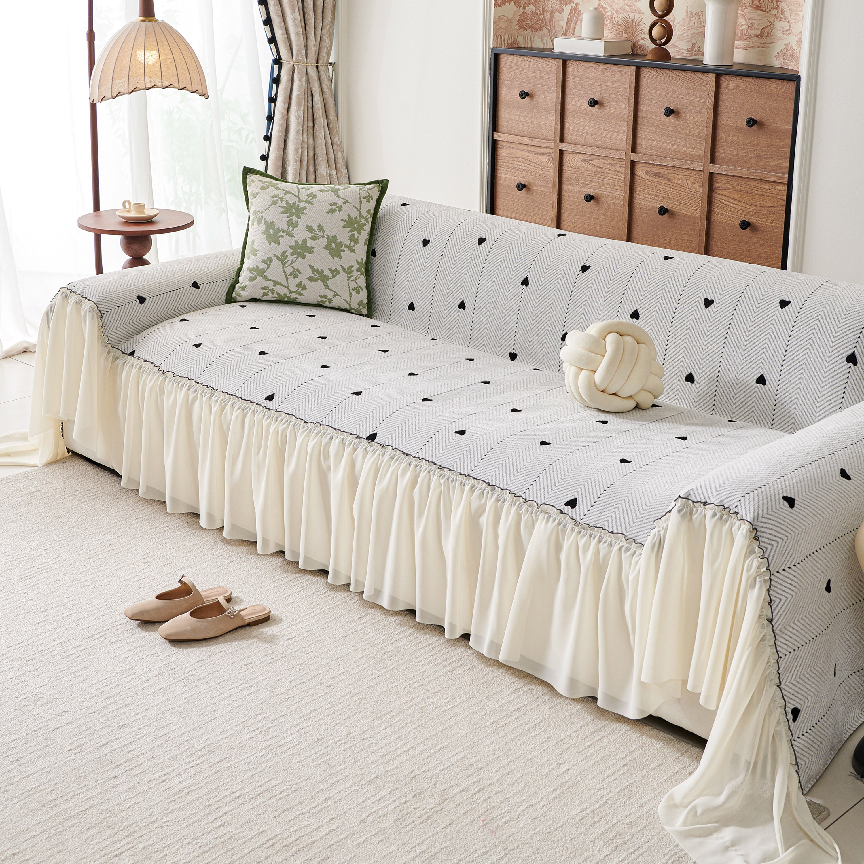 Cottagecore Ruffled Sofa Slipcover, Shabby Chic Couch Protector Cover for Living Room