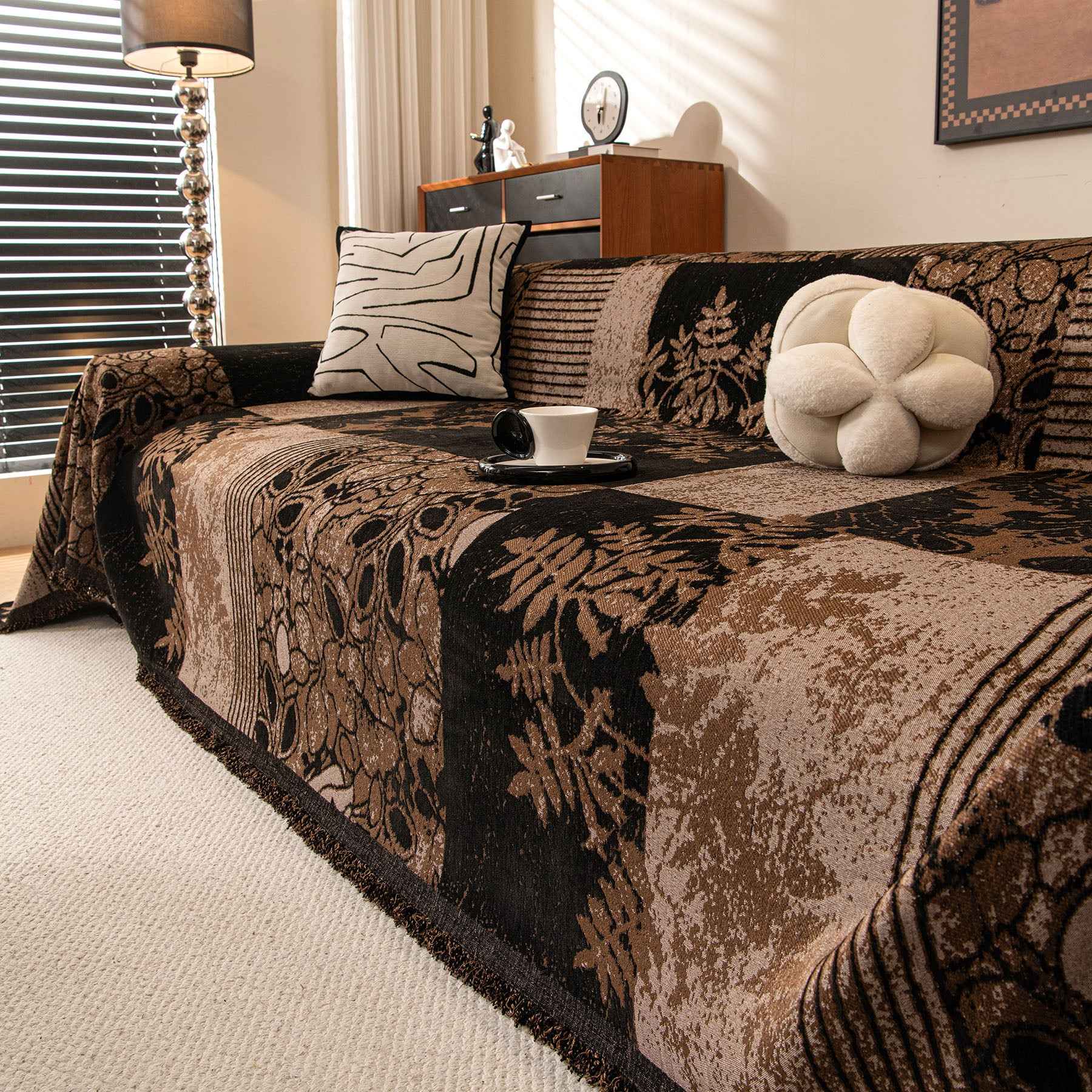 Vintage Patchwork Sofa Throw Cover, Floral Jacquard Couch Protector with Fringe