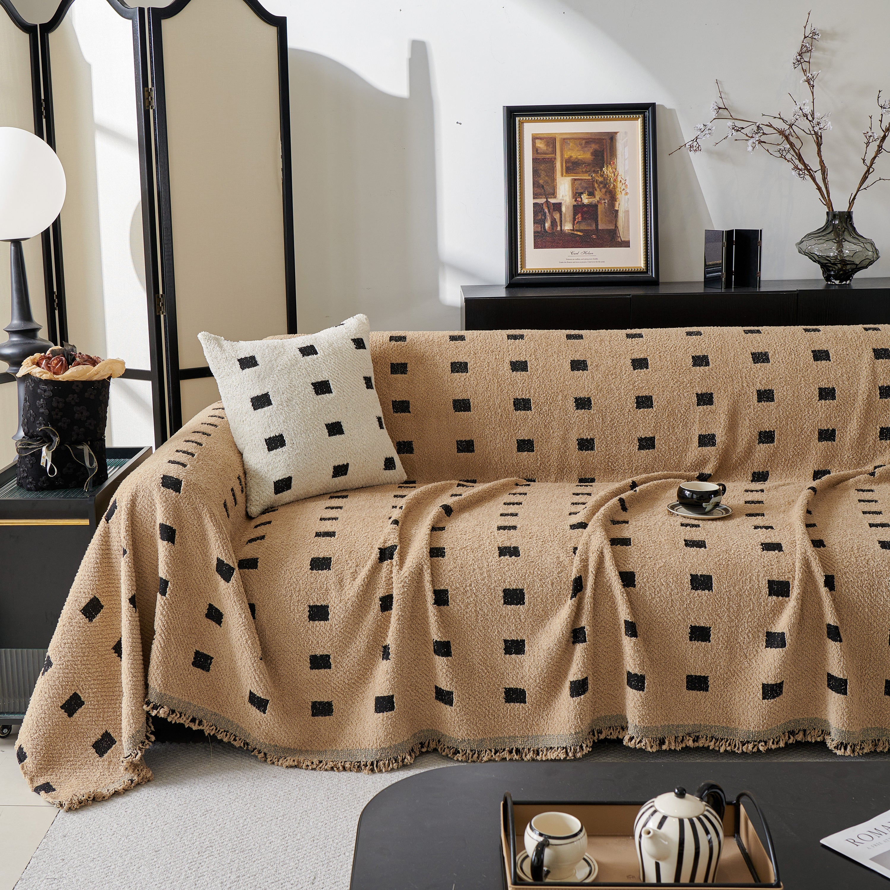 Sofa Throw Blanket with Woven Geometric Pattern & Tassels, Soft & Thick Couch Cover