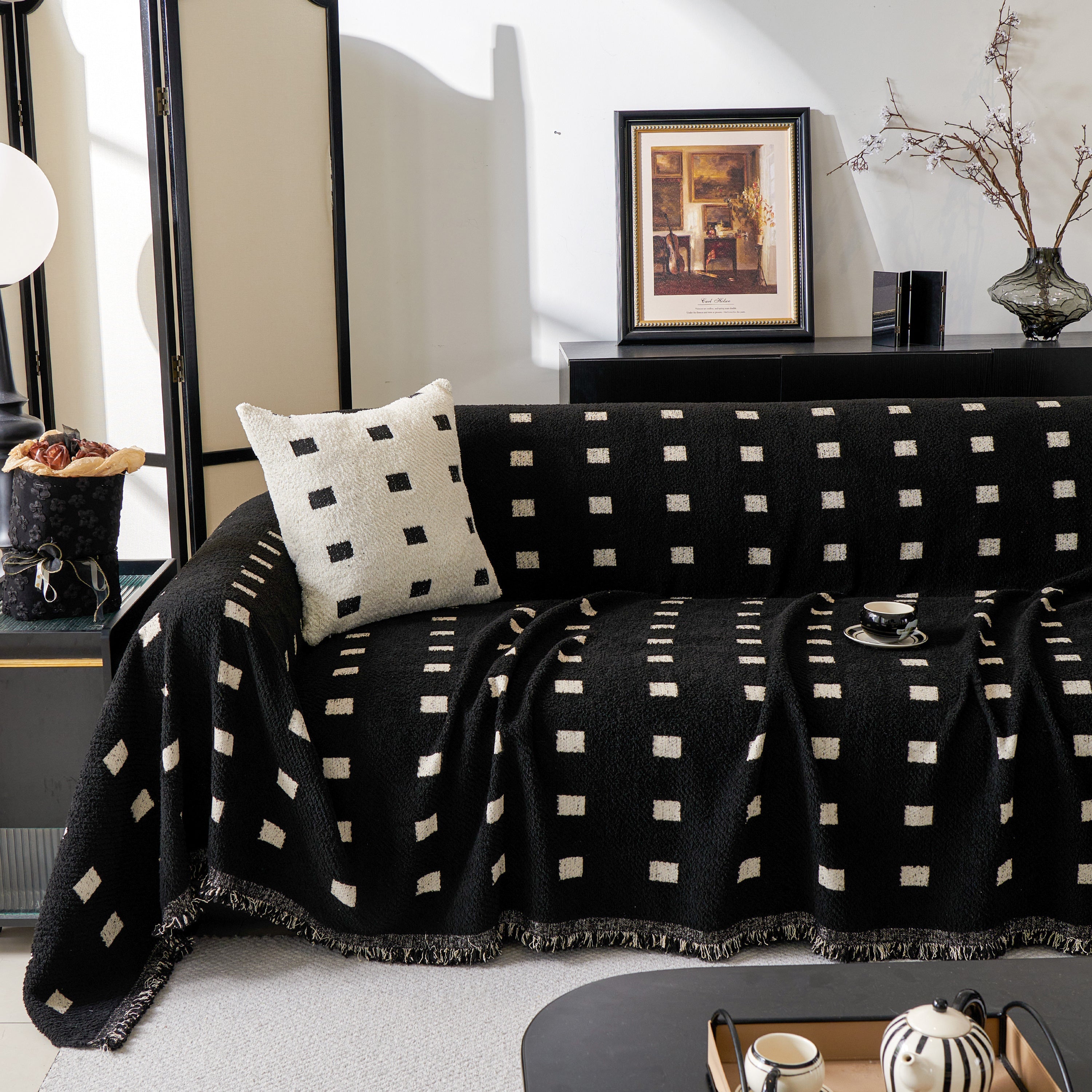 Sofa Throw Blanket with Woven Geometric Pattern & Tassels, Soft & Thick Couch Cover