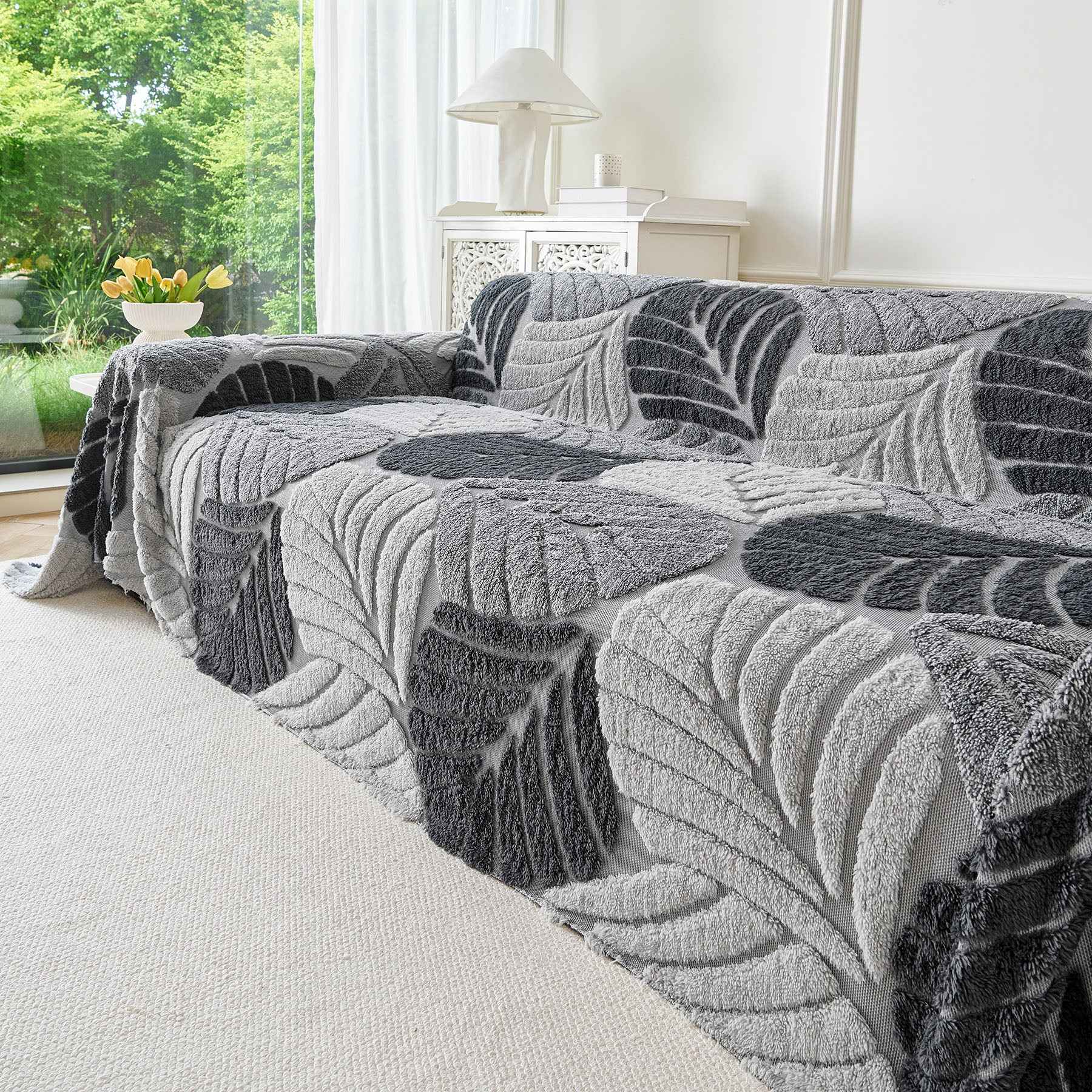 Plush Fleece Leaf Pattern Sofa Throw Cover, Soft Couch Protector Couch Cover Blanket