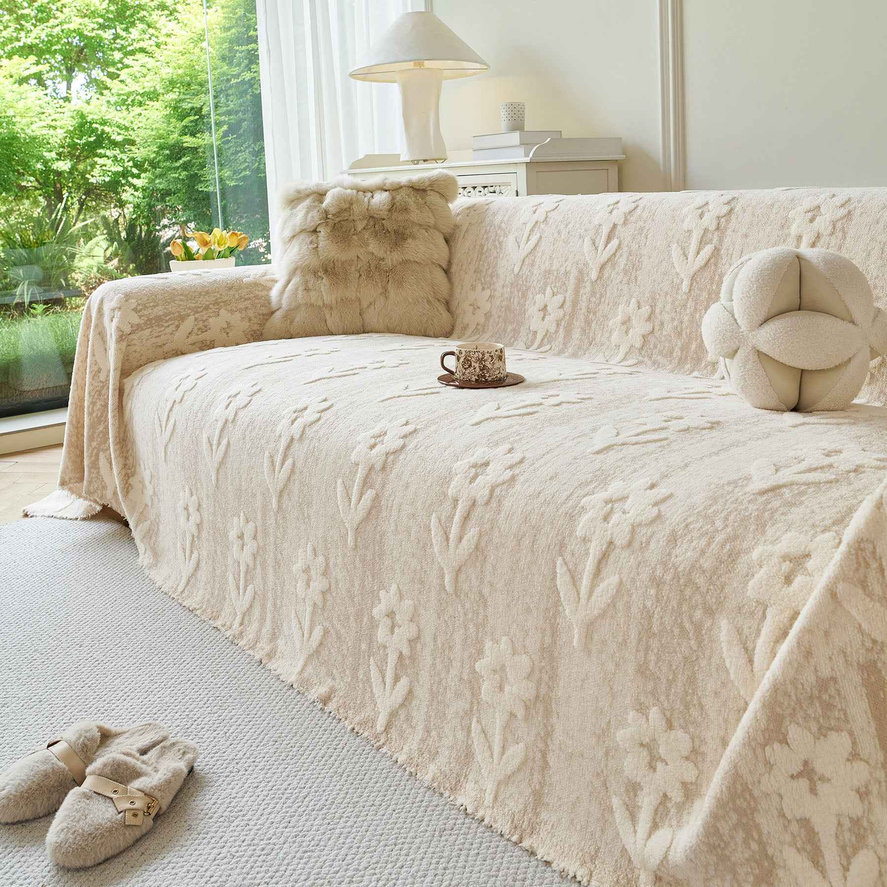 Floral Plush Fleece Sofa Throw Cover, Soft Warm Couch Protector Slip Cover for Couch