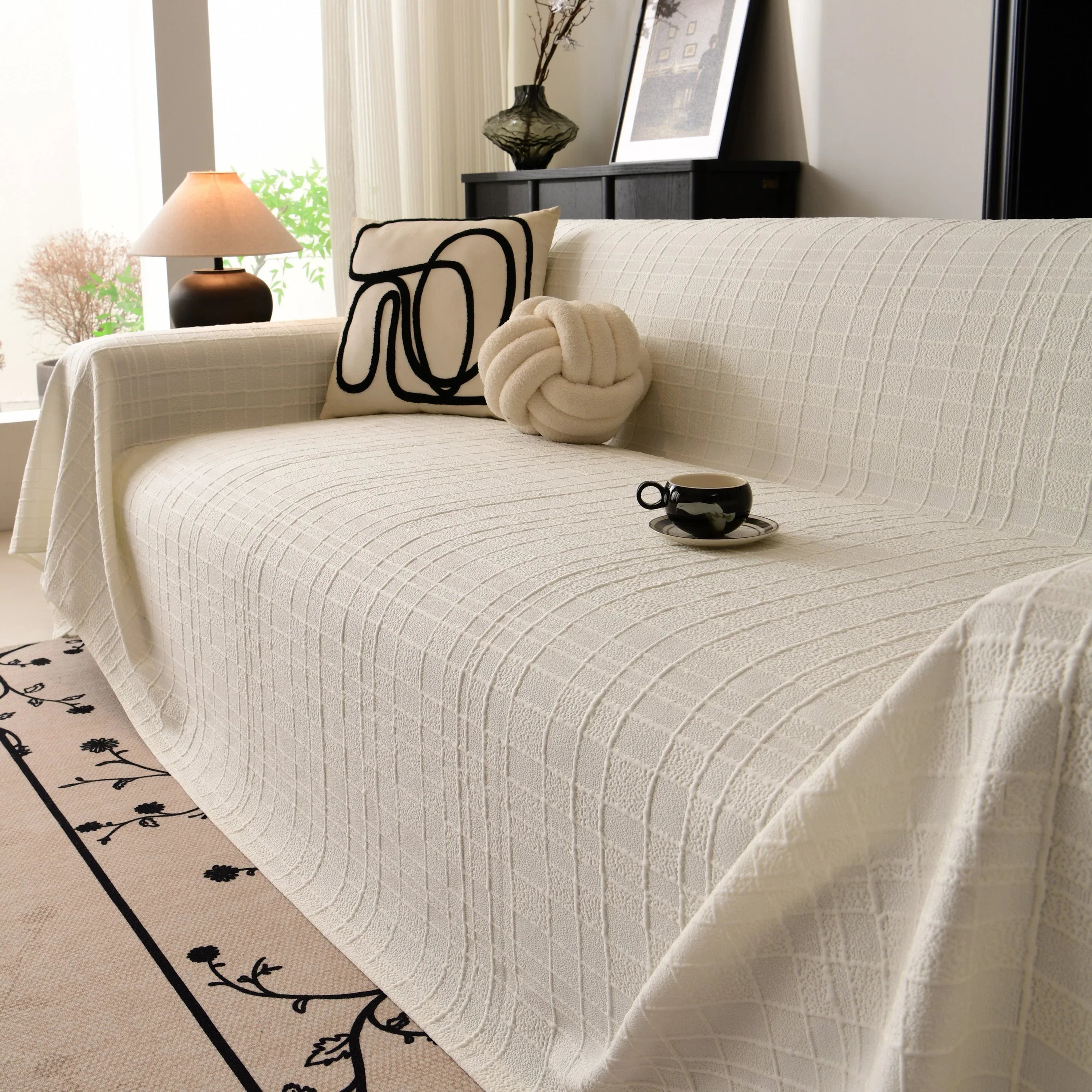 Sofa Cover Throw with Subtle Textured Stripes Lightweight Smooth Couch Slipcover - TaroTextile