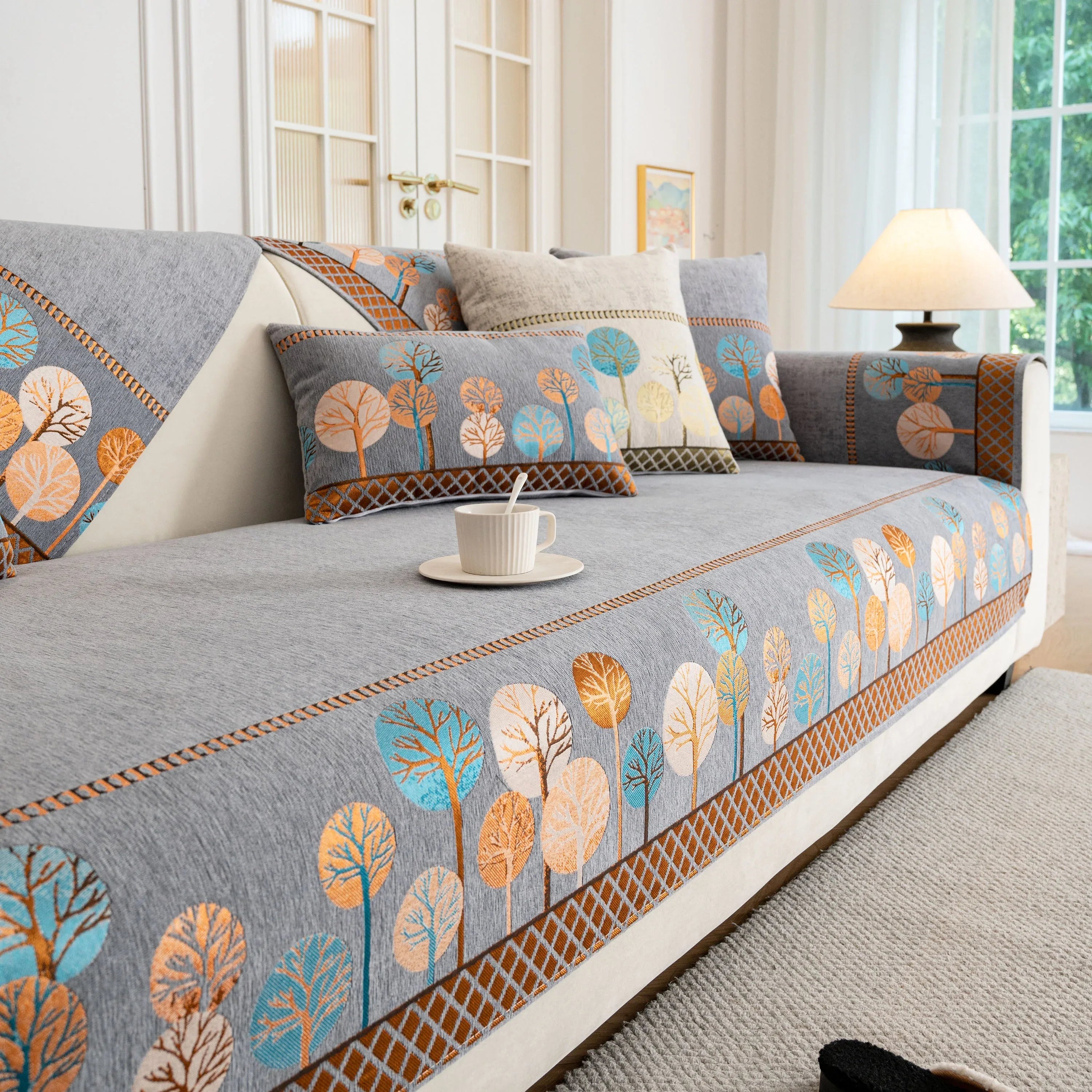 Sofa Cover for Couch, Non-Slip Sectional Couch Cover with Woven Tree Pattern - TaroTextile